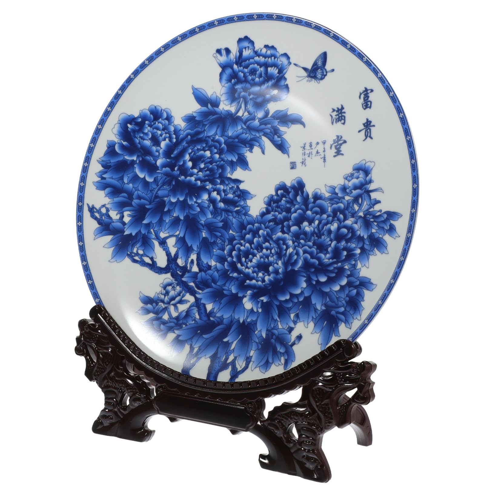 VANZACK Plato Decorativo de Cerámica Azul y White y Fácil de Limpiar con Soporte de Madera, Diseño Artístico Único para Decoración y Obsequio