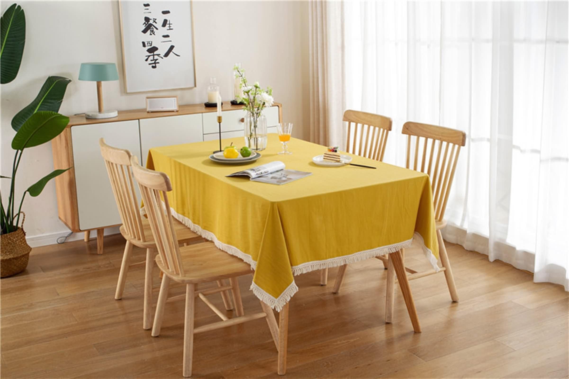 Mantel Rectangular Amarillo, Color Sólido con Borlas, de Algodón Suave, 140 x 250 cm, Mantel para Comedor y Cocina