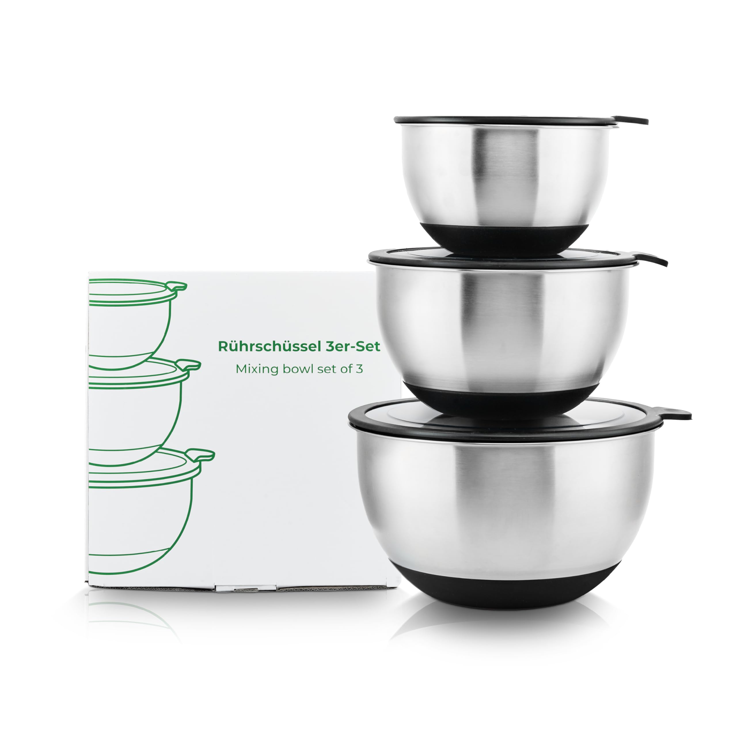 Wundermix - 3 Edelstahl Schüssel mit Deckel 1,5l, 3l, 5l (3er Set) • Stapelbar & rutschfest • Schüssel Set mit Deckel • Edelstahl Schüsseln • Rührschüssel, Salatschüssel, Backschüssel