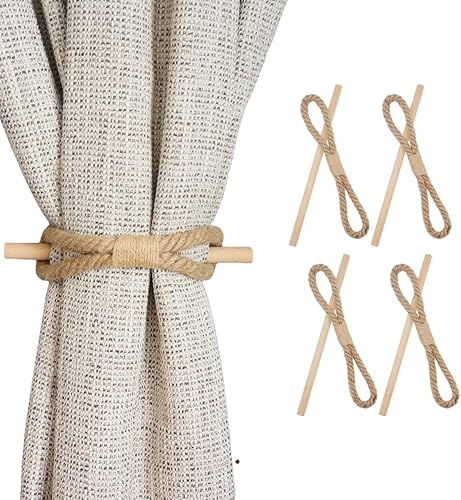 Miniatura 1 de HIASTRA Alzapaños de cortina bohemios, 4 piezas, soporte rústico para cortina, cuerda de yute de algodón natural con palo de madera, alzapaños de