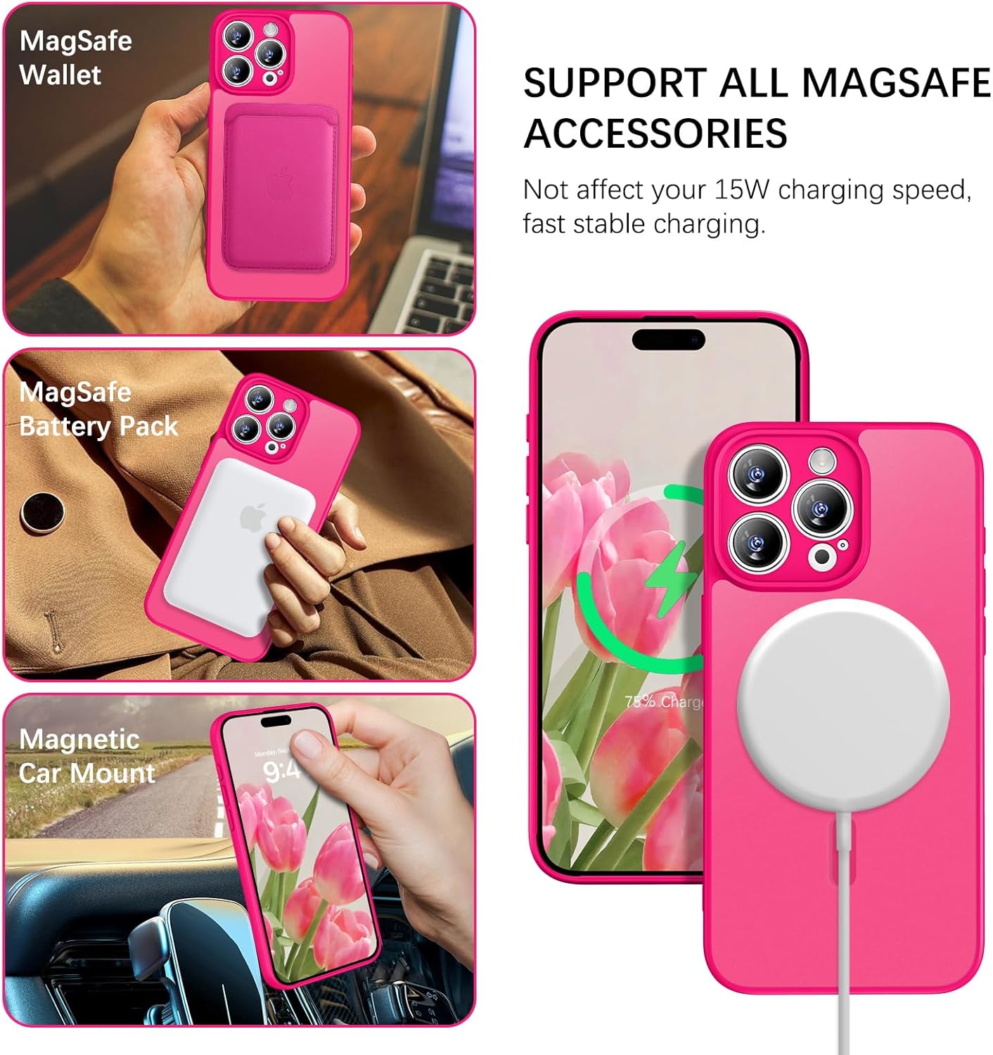 bentoben magnetic for iphone 15 pro max case, [compatible with magsafe] [military grade drop protection] translucent matte slim shockproof women men protective case for iphone 15 pro max, hot pink