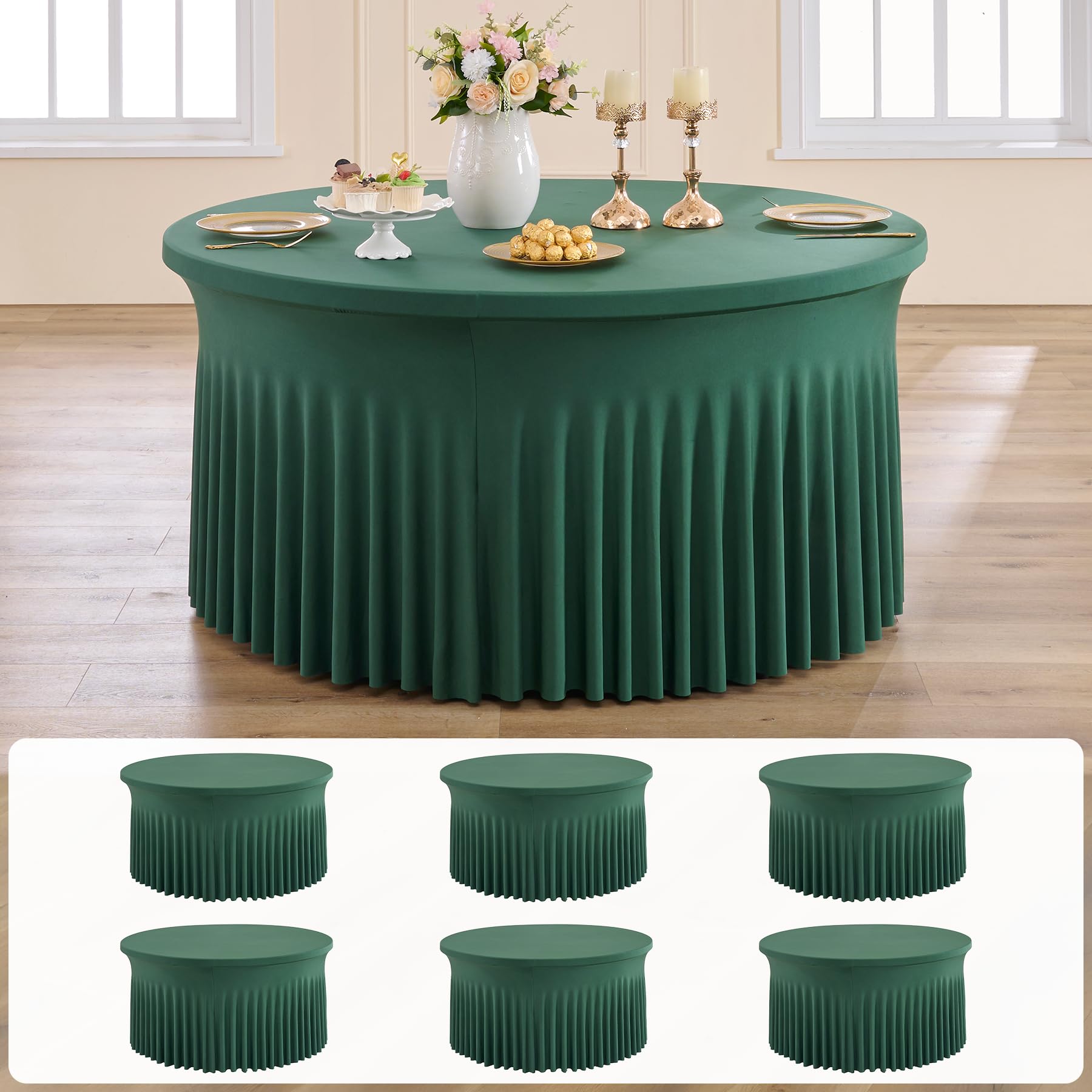 6 pk Hunter Green Round Spandex Tablecloths 60 in with Ruffled Skirt,Wrinkle Free High-Stretch 120 inch Table Cloth Round Fitted 5ft Tables,Spandex