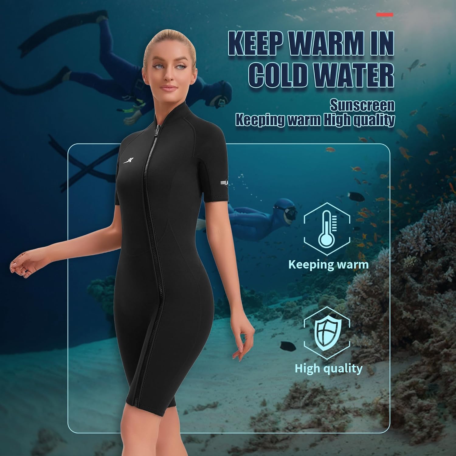 2mm Shorty Wetsuit Womens Front Zip Neoprene Diving Suit for Swimming Surfing Diving