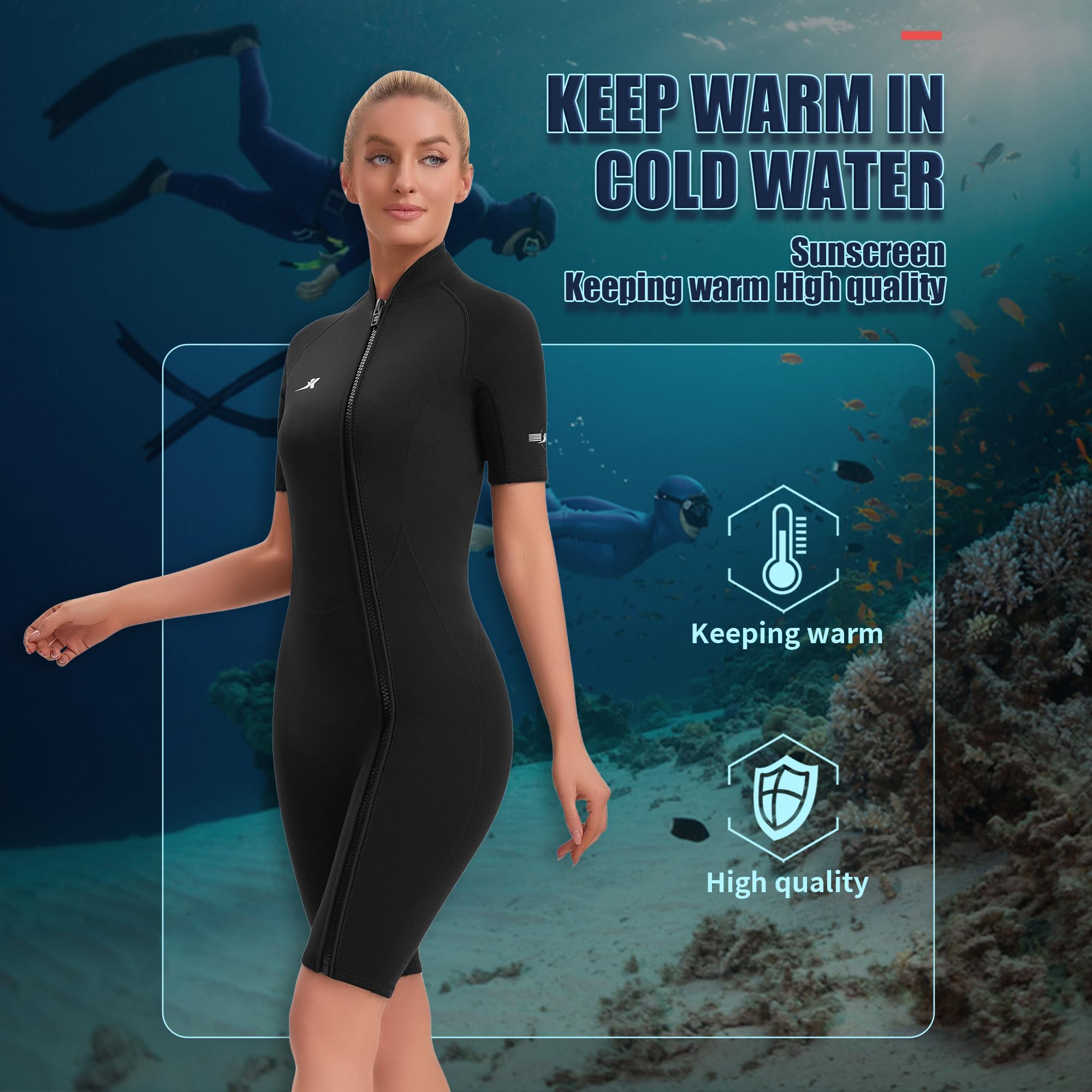 Muta corta da donna in neoprene con cerniera frontale, 2 mm, per nuoto, surf, immersioni