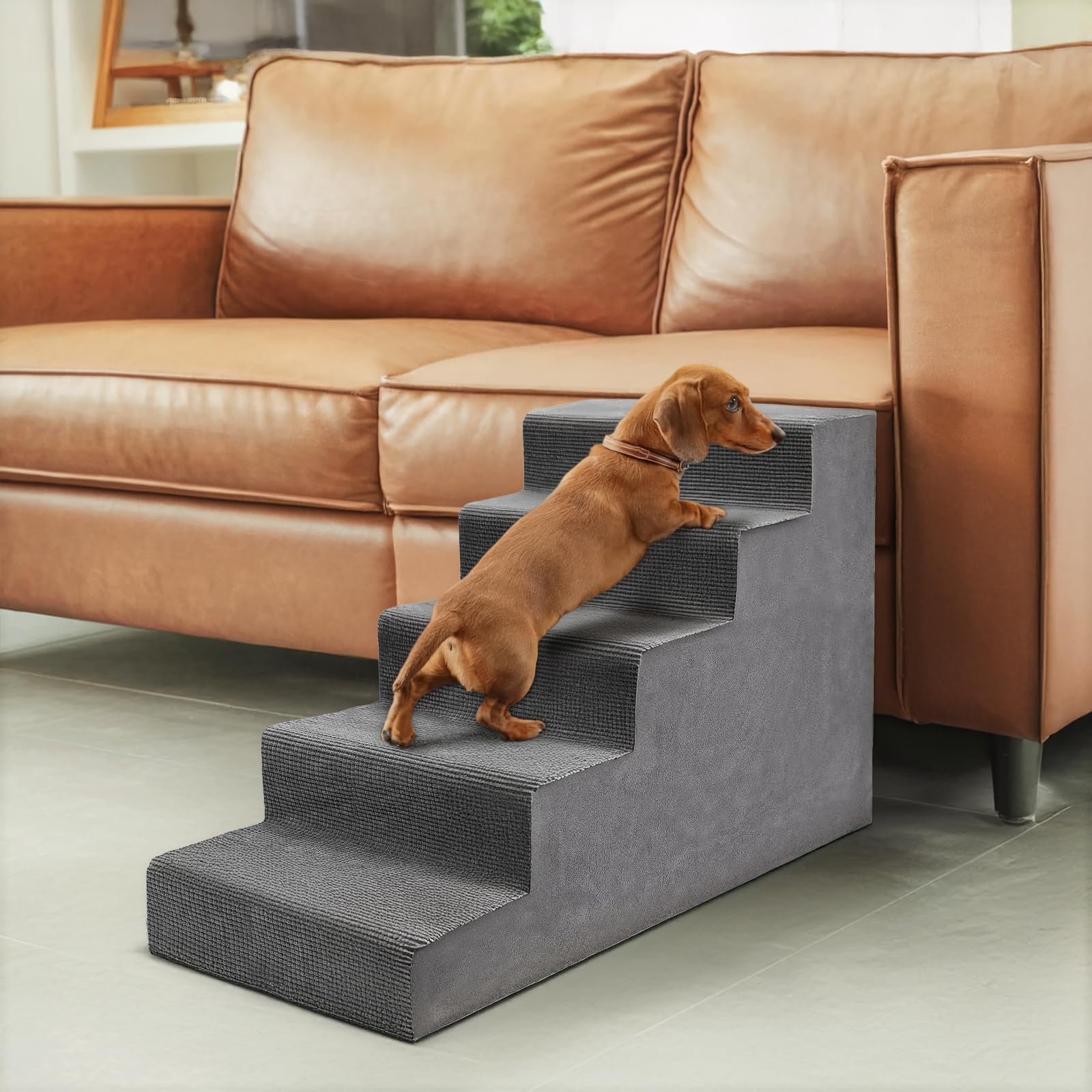 Escalier pour Chien et Chat D86 x W42 x H57 cm Housse Lavable Mousse Antidérapant Haute densité Gris 5 marches