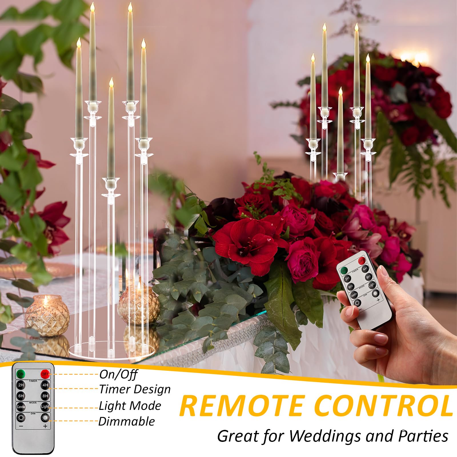 Barydat Juego de 4 candelabros acrílicos de 5 brazos para bodas, candelabros transparentes con 20 velas LED, 2 temporizadores remotos, 22 anillos de goma para Halloween, Navidad, fiesta, cena,