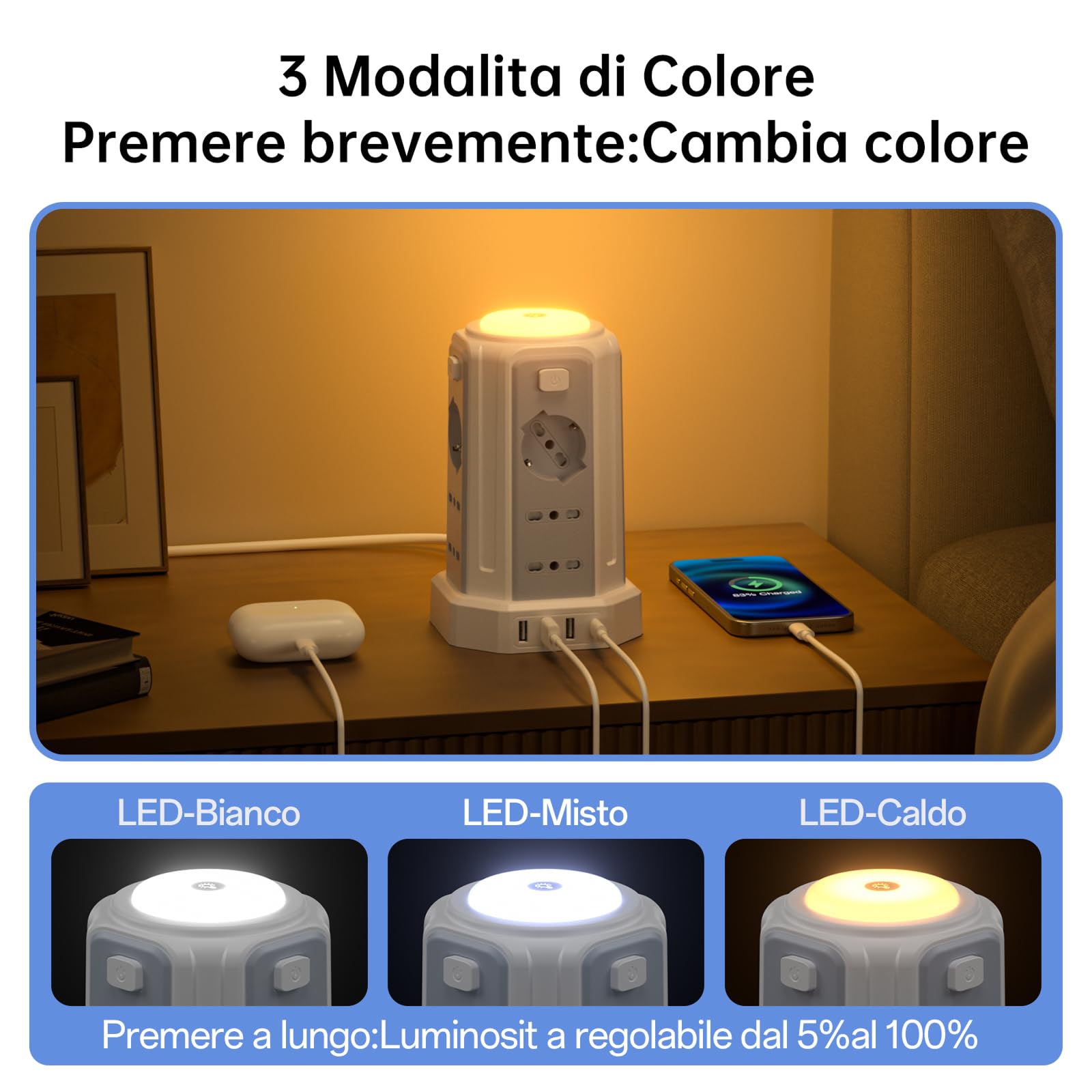 Regleta eléctrica con luz nocturna, 12 tomas universales 10/16 A ITA y Schuko y 3 USB A+1 USB C protección contra sobretensión con 4 interruptores independientes para la oficina, la casa