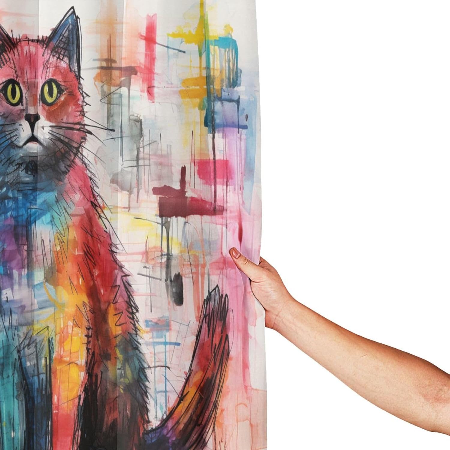 Cute Cat Shower Curtain, Colourful Children's Drawing Boho Shower Curtain Set, Crayon Drawing Abstract Farmhouse Fabric Bathroom Curtains with 12 Hooks 72x72in YLADW2938