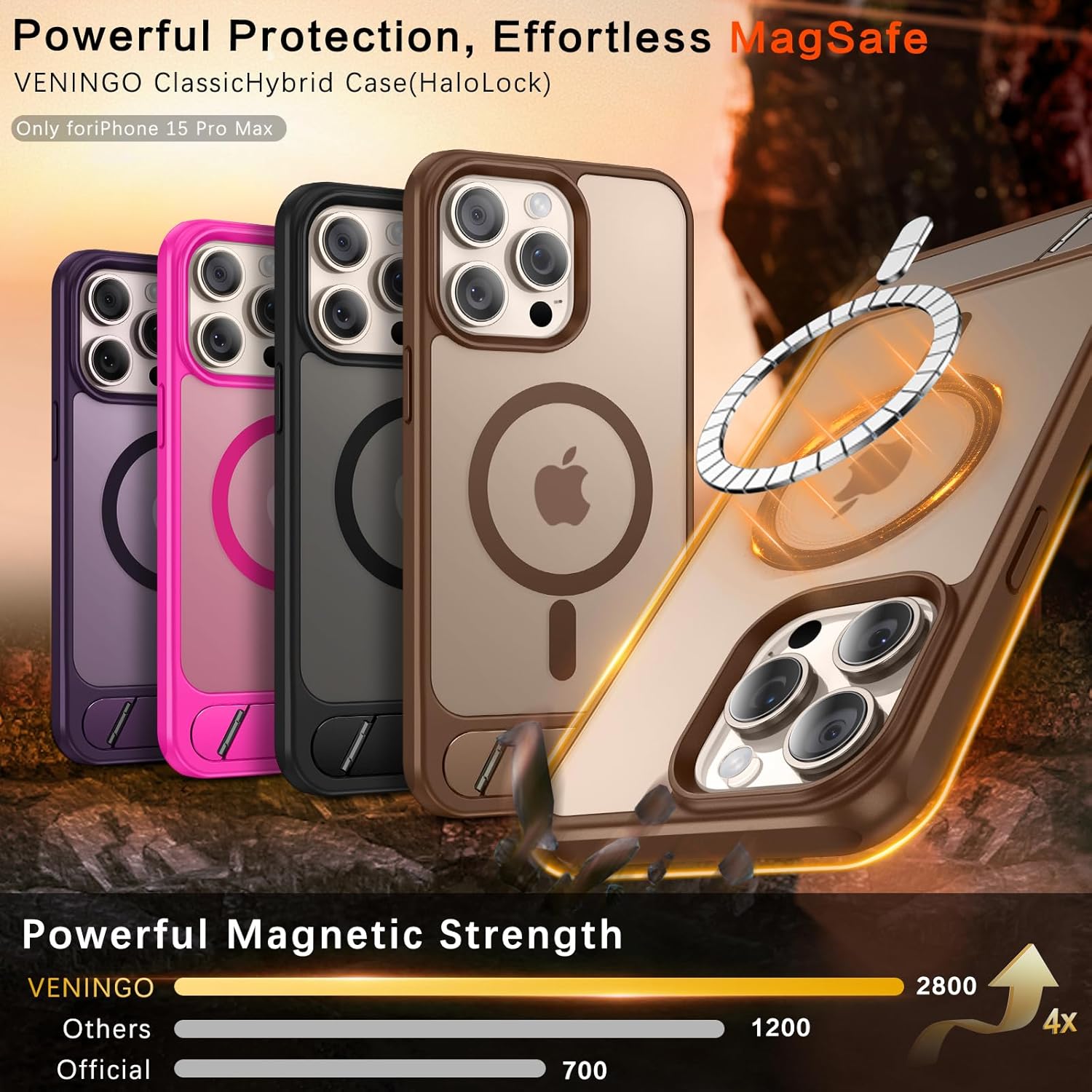 VENINGO Magnetic Case for iPhone 15 Pro Max Case 6.7" Compatible with Mag Safe, Military-Grade Protection with Built-in Kickstand,Skin Feeling,Ultra-Strong Magnets,Bronze - Image 3