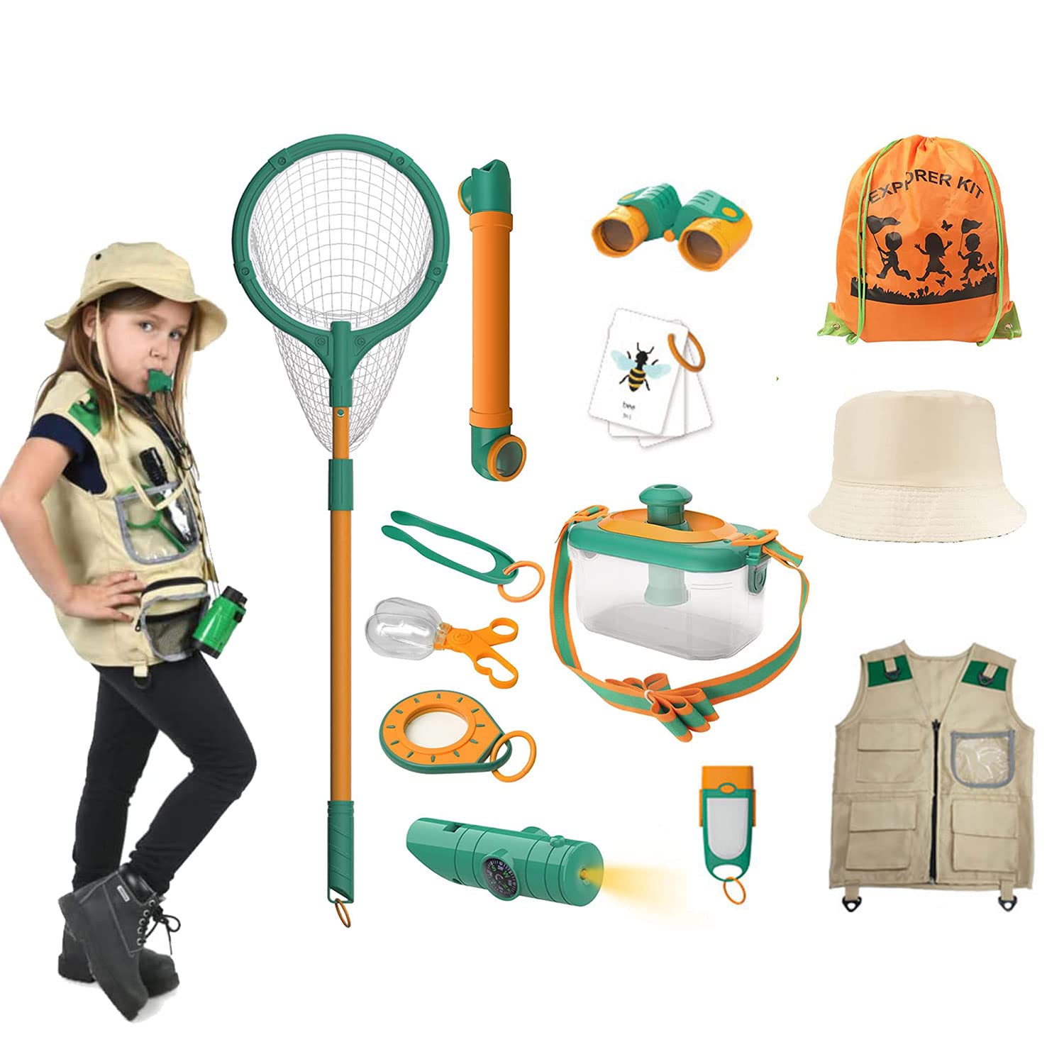 Moonmen Explorer Costume for Kids, Bug Catcher Kit with Safari Vest Binocular Hat Backyard Outdoor Adventure Set for Boys and Girls 3-8 Years Old Ourdoor Adventure Toys