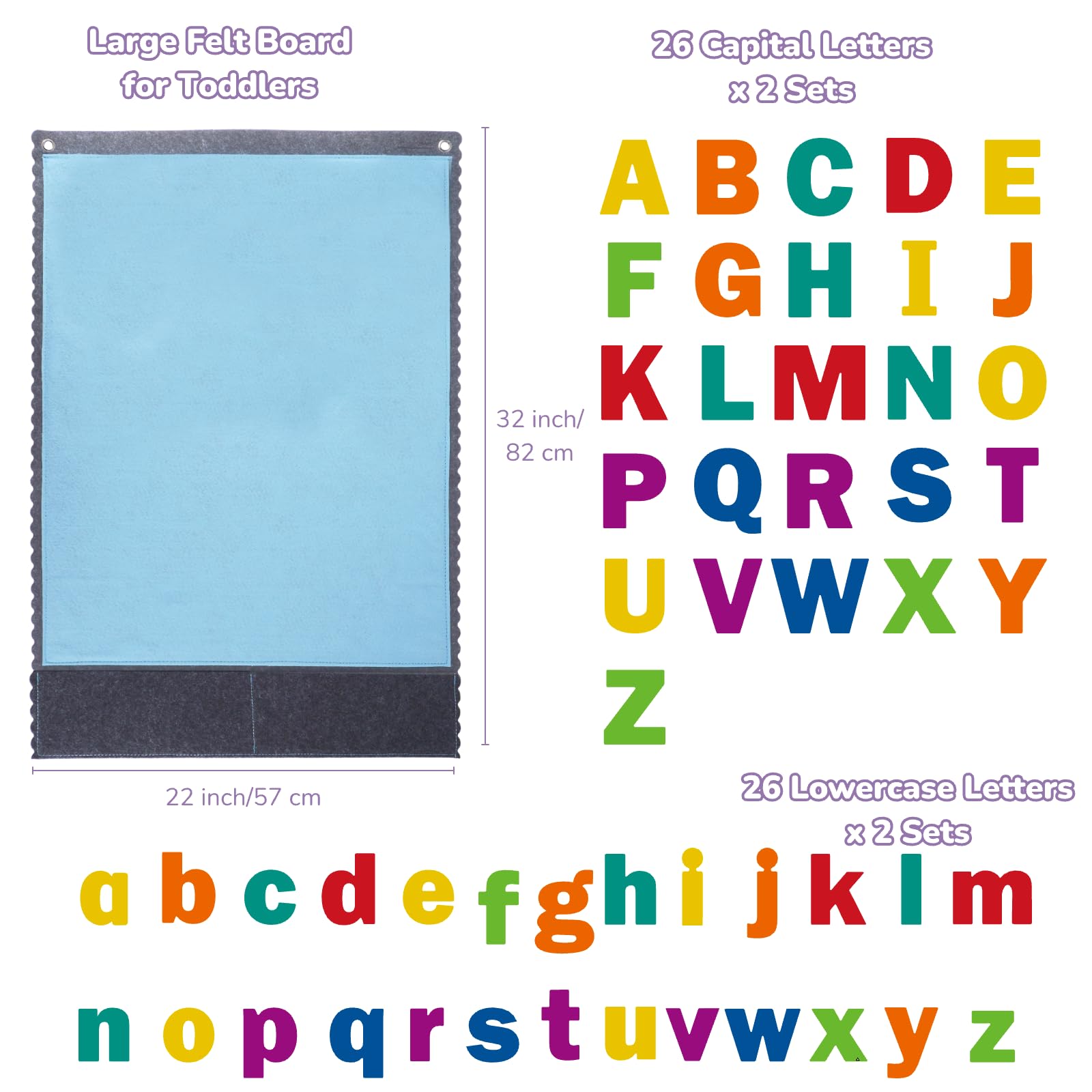 CHEFAN Felt Board With 104 Letters for Toddlers - Large Flannel Wall Board, Alphabet Learning With 2 Storage Pockets for Preschool Classroom and Daycare, 32 * 22 Inch, Blue