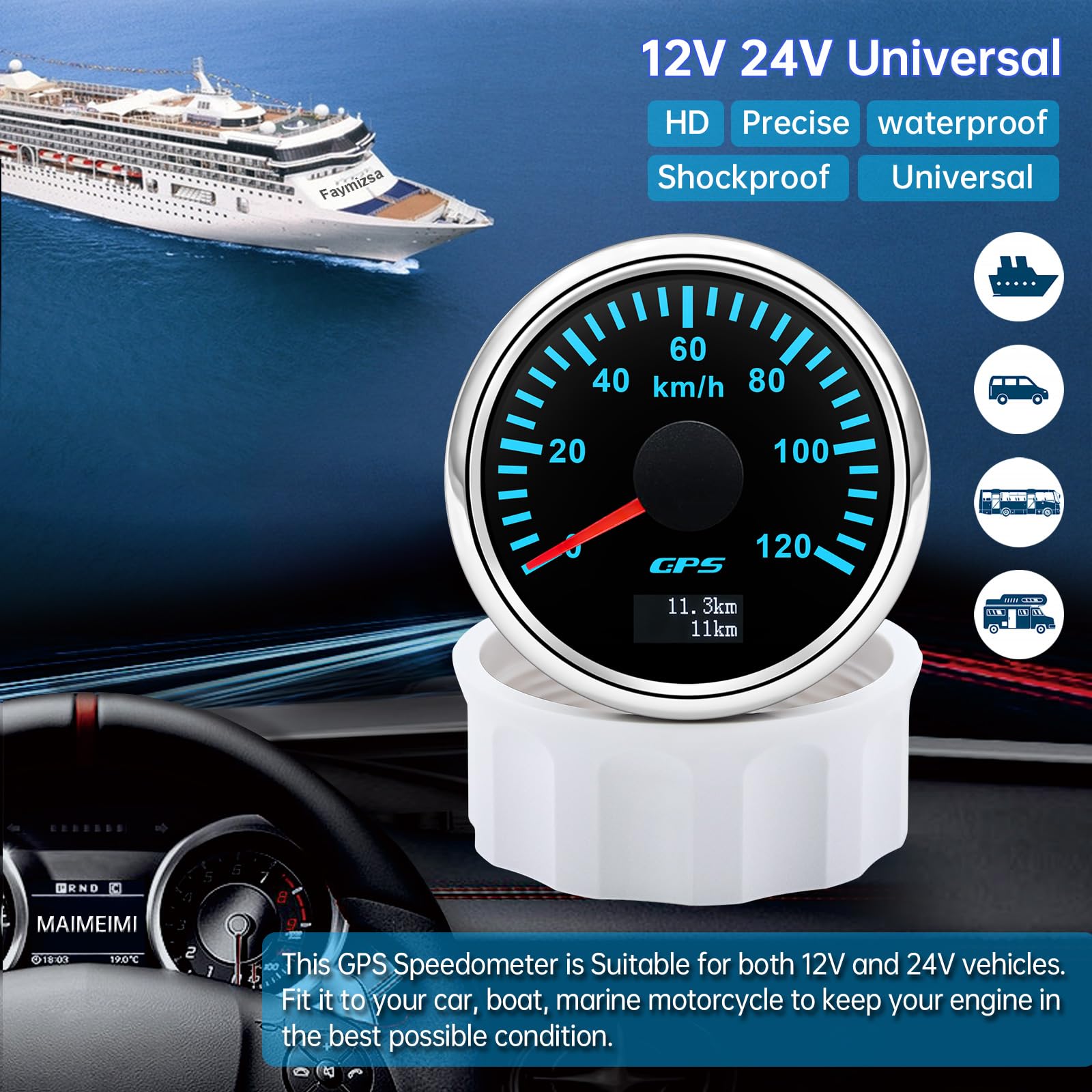 Compteur de vitesse GPS 52mm pour bateau, tachymètre, odomètre 0-120 km/h, étanche IP67, tachymètre 7 couleurs, instrument de mesure pour voiture bateau yacht 12V/24V