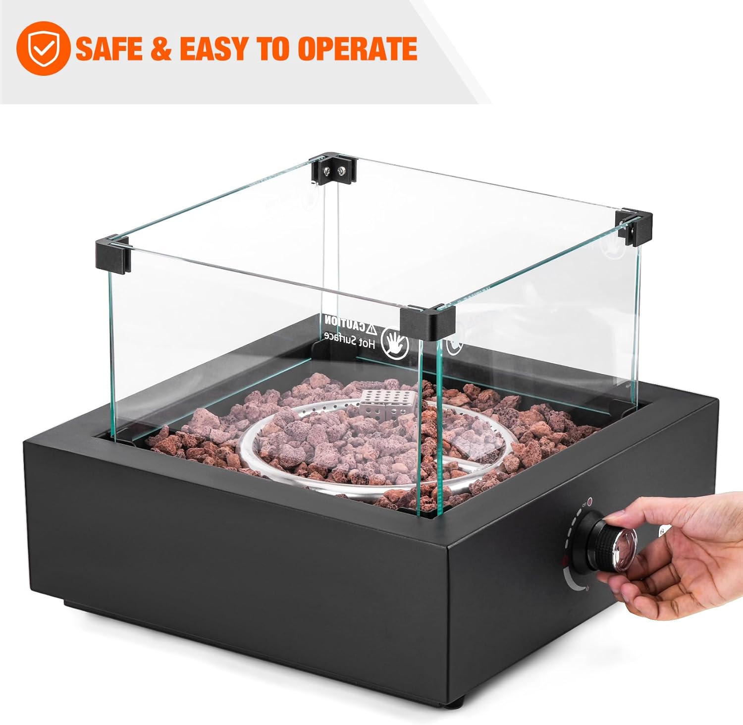 ONLYFIRE OUTDOOR LIVING 15.7" Portable Propane Gas Fire Pit Side-Mounted, Modern Tabletop Fireplace Smokeless Firepit with Glass Wind Guard for Patio Camping RV Tailgating, 23000BTU, Squre FP040