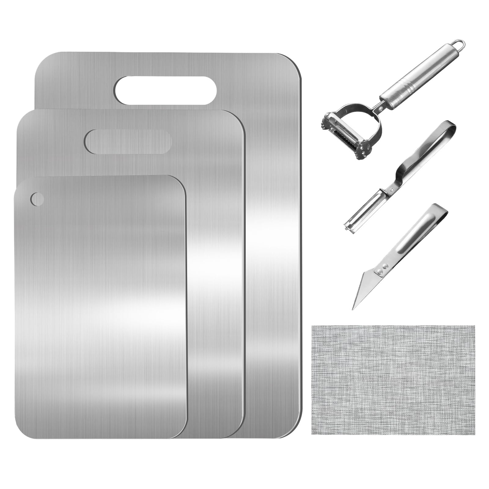 Titan Schneidebrett-3 Stück 304 Schneidebrett Edelstahl Cutting Board Stainless Steel aus Edelstahl mit Rutschfestes Silikonpad Gemüsemesser für Küche Im Freien Camping 29x20cm, 39x28cm, 34x23cm