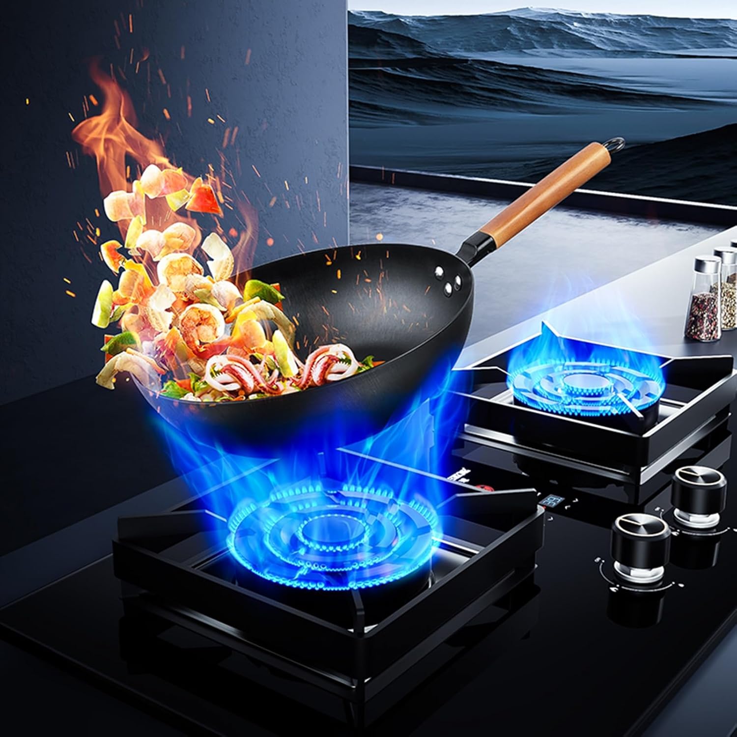 Gas Cooker 2 Burners,5.2KW Nine-cavity High-fire Timer,kitchen Counter Top Stove,Tempered Glass Cast Iron Pot Rack,with Flameout Protection,for Home Kitchen(LPG)
