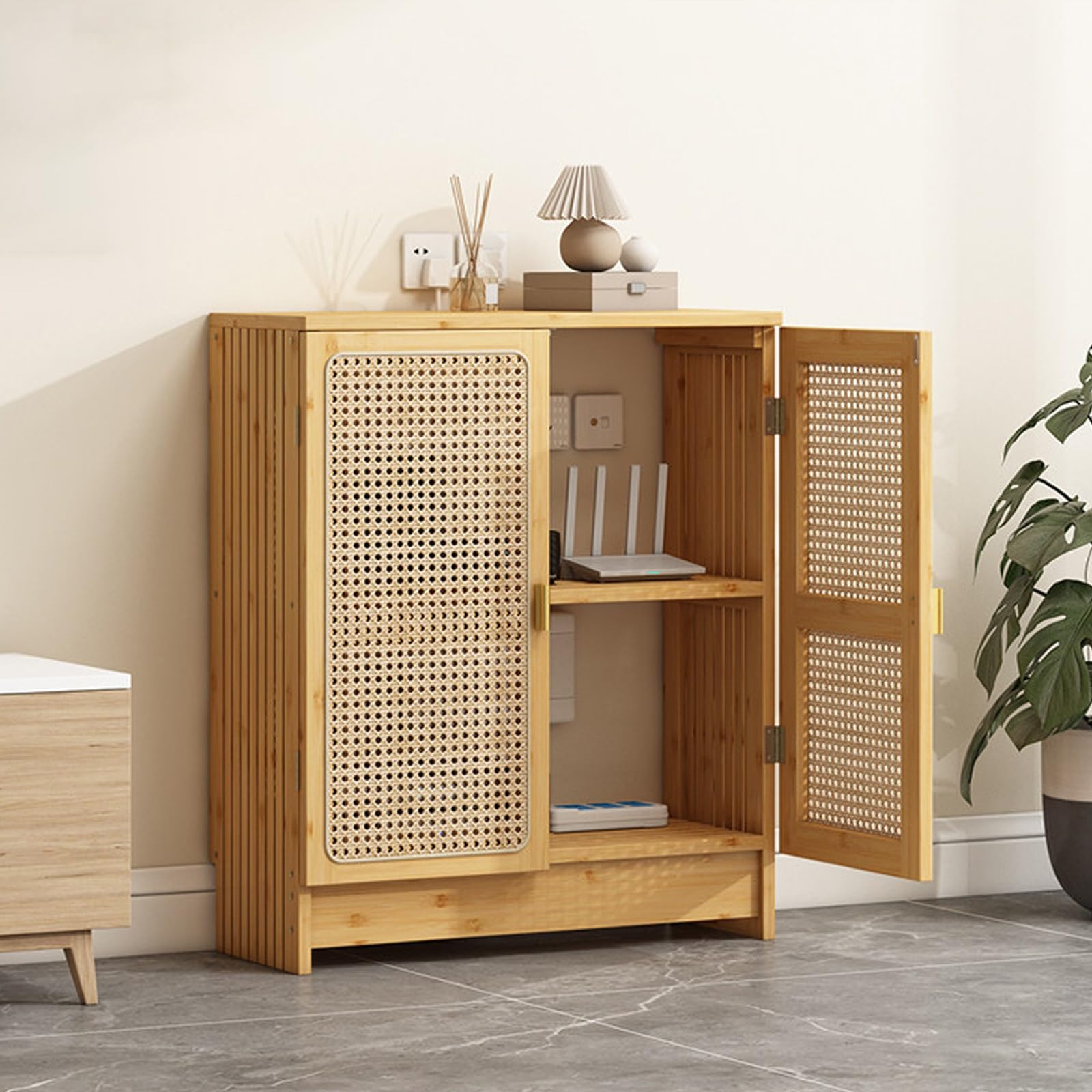 Gabinete almacenamiento WiFi madera y ratán organizador de cables