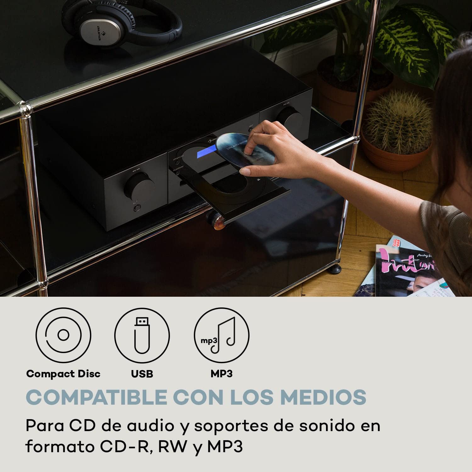 Auna CD-1000 DG, Reproductor de CD, USB, MP3, Mando a Distancia, CD Player con Pantalla LED, Lector CD, Aluminio, Negro