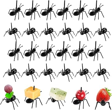 Chris.W 24Pcs Ant Shape Food Picks, Halloween Lunch Box Accessories Decoration, Reusable Appetizer Toothpicks for Charcuterie, Bento, Cheese, Fruit, Snack, Dessert Table or Cocktail Platter (Black)