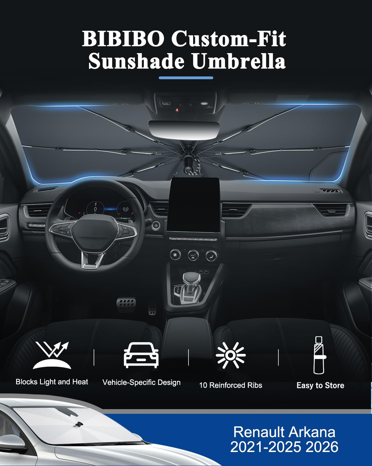 BIBIBO Kompatybilne z Renault Arkana 2021-2024 2025 Ochrona przeciwsłoneczna na przednią szybę, osłona przed promieniowaniem UV, przednia ściana dźwiękochłonna, wiatrochron, parasol samochodowy