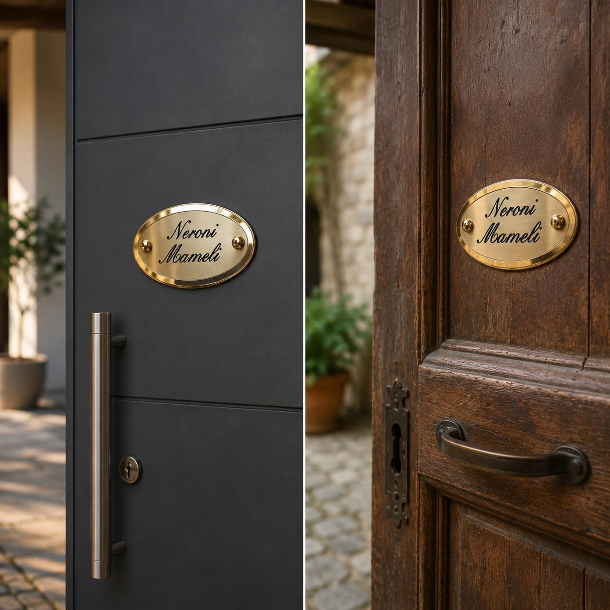 Targa Porta Ingresso Personalizzabile con Nomi, in Ottone Ovale Finitura Lucida/Satinata Incisa extra lusso per Esterno, Casa e Azienda - Made in Italy