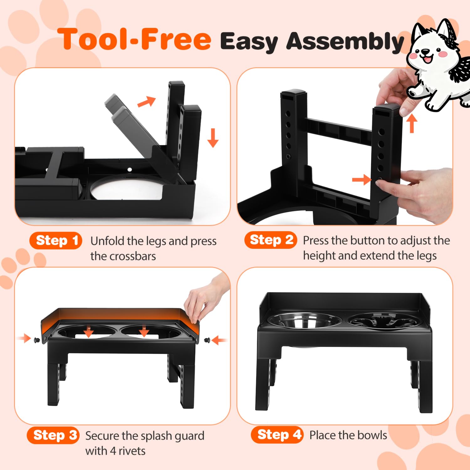 Nobleza Comedero Elevado para Perros Ajustable (6 Alturas), Soporte con Inclinación de 5° o 10° y Borde Antisalpicaduras, 1 x 1000ml Cuenco Acero Inoxidable, 1 x 600ml Comedero Perro Antivoracidad