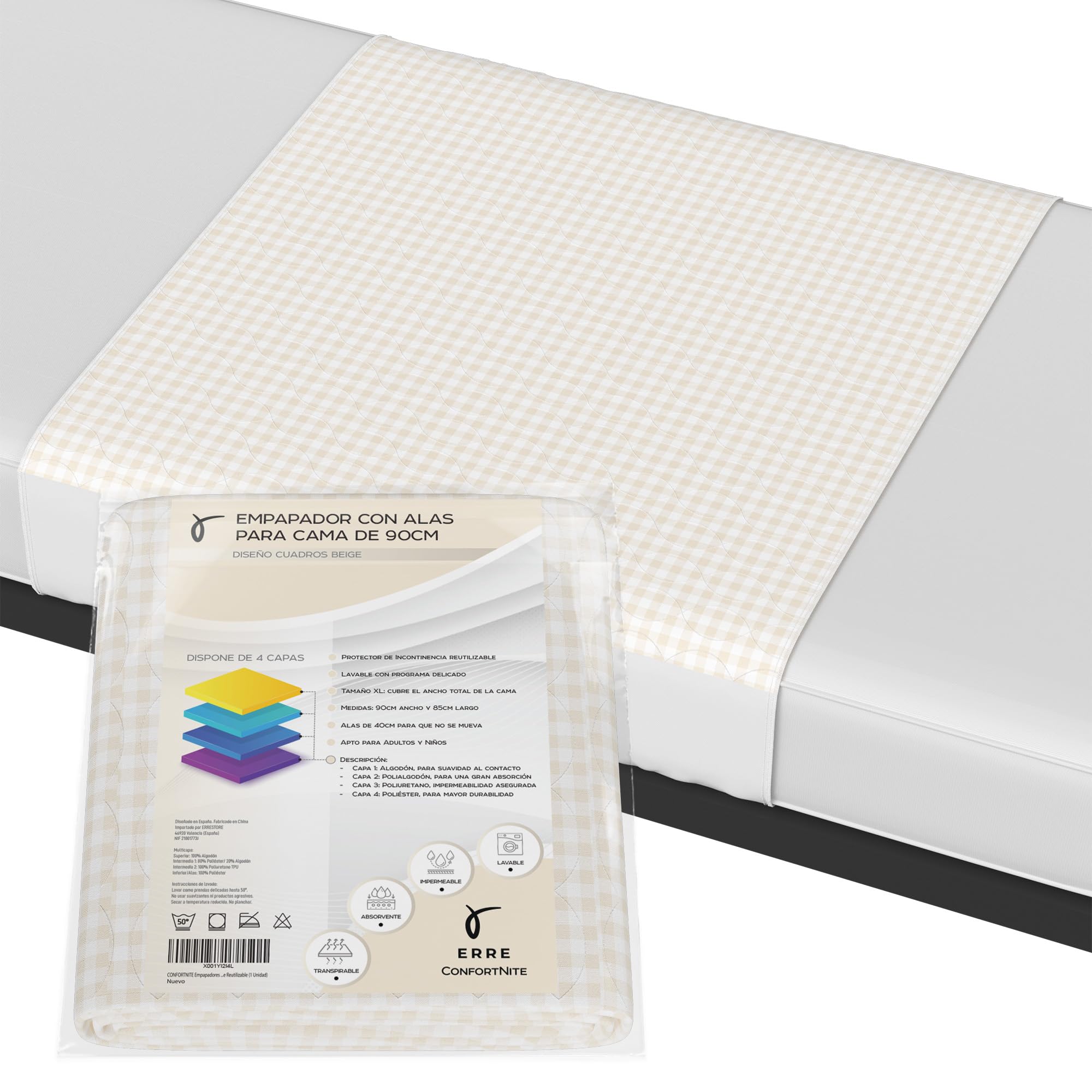 CONFORTNITE Empapadores Cama Adultos Lavables de Algodón Orgánico - 4 Capas Súper Absorbentes - 90 x 85 cm con Alas de 40 cm - Empapador Impermeable y Reutilizable (1 Unidad)