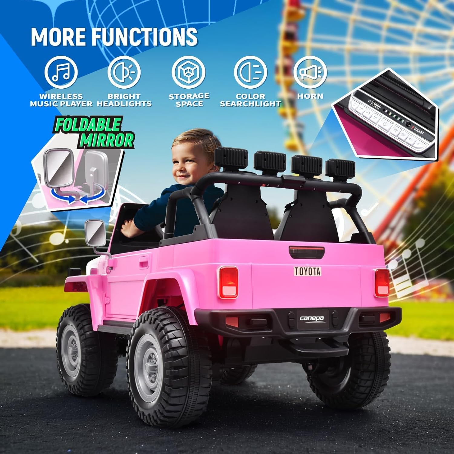 Joywhale 24V 2 Seater Kids Ride on Truck Licensed Toyota Land Cruiser FJ40 4WD Battery Powered Electric Car, with 4x75W Engine, Remote Control, Soft Braking, Easy-Drag, Suspension & Car Cover, Pink