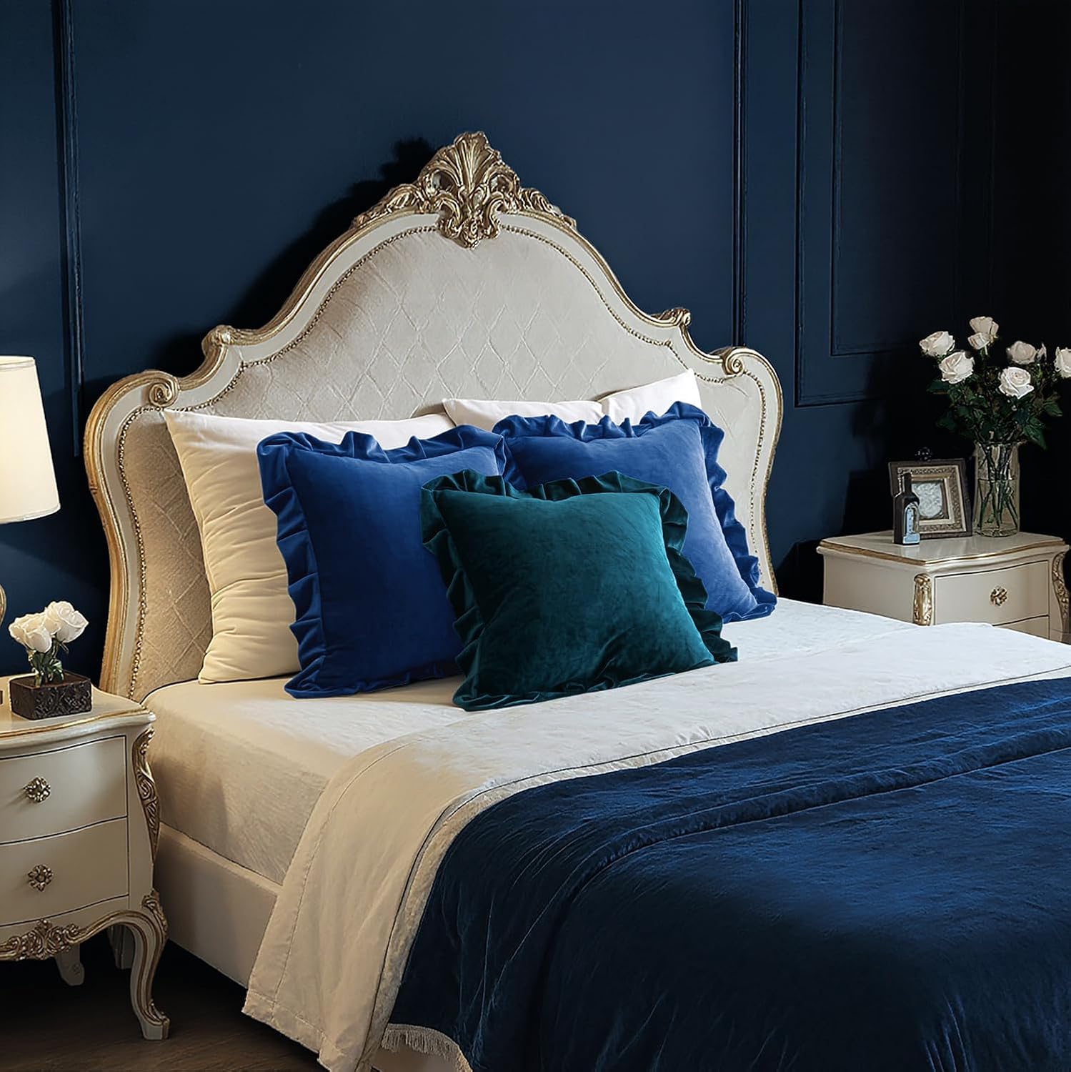 MIULEE Velvet Ruffle Throw Pillow Covers Soft Luxurious Navy Blue Pack of 2 20x20 Inch Square Cushions Vintage Gothic Decorative Ruffled Pillow Shams for Sofa Couch Bedroom Chair