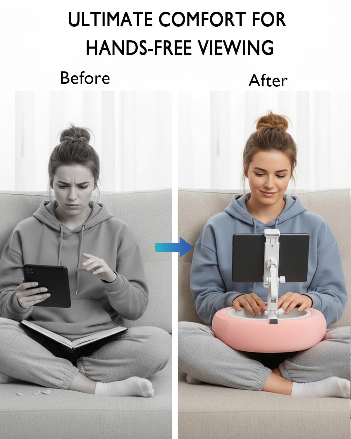 Condition photo showing New/Like New for tablet pillow stand, compatible with 5"-12.9" kindle, ipad, phone/tablet, google, samsung, 360° rotating phone holder for bed, soft plush fabric, detachable bowl, reading and relaxation on bed, pink