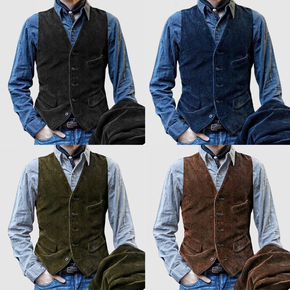 Gilet da uomo in velluto a coste con vestibilità aderente e bottoni sul davanti, stile vintage britannico, senza maniche, per tutte le stagioni