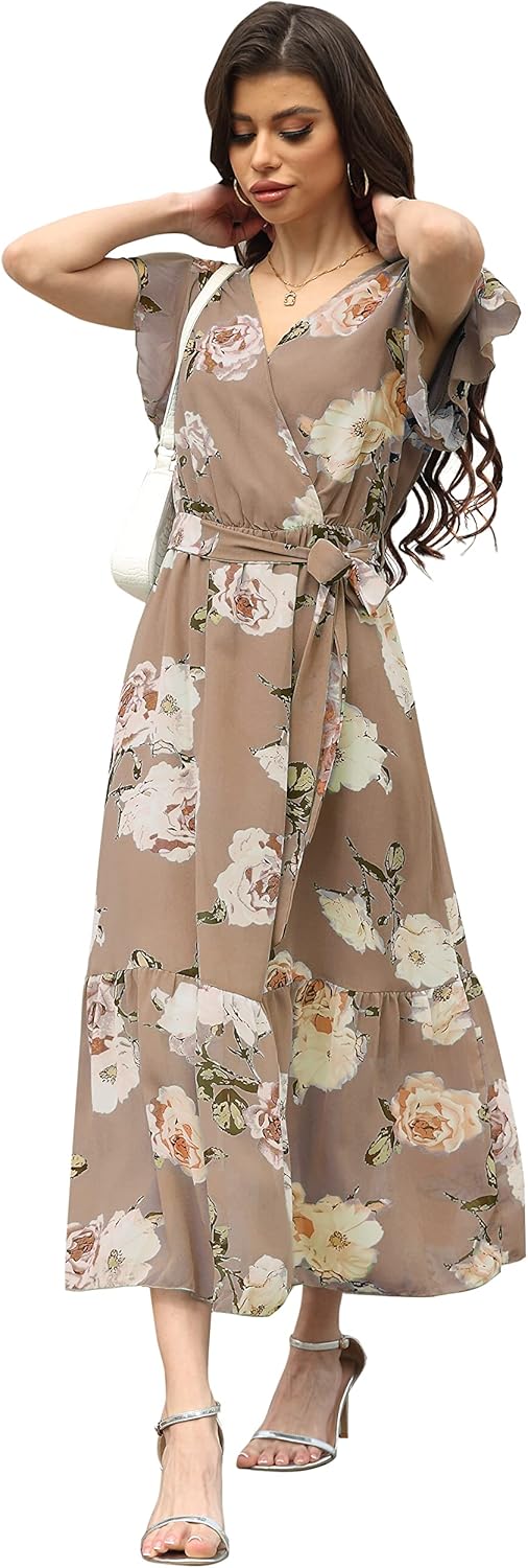 VintageClothing Womens Sundress Casual Floral Summer Boho Dress Flowy Wrap V Neck Ruffle A-Line Pleated Hem Midi Dresses - Image 5
