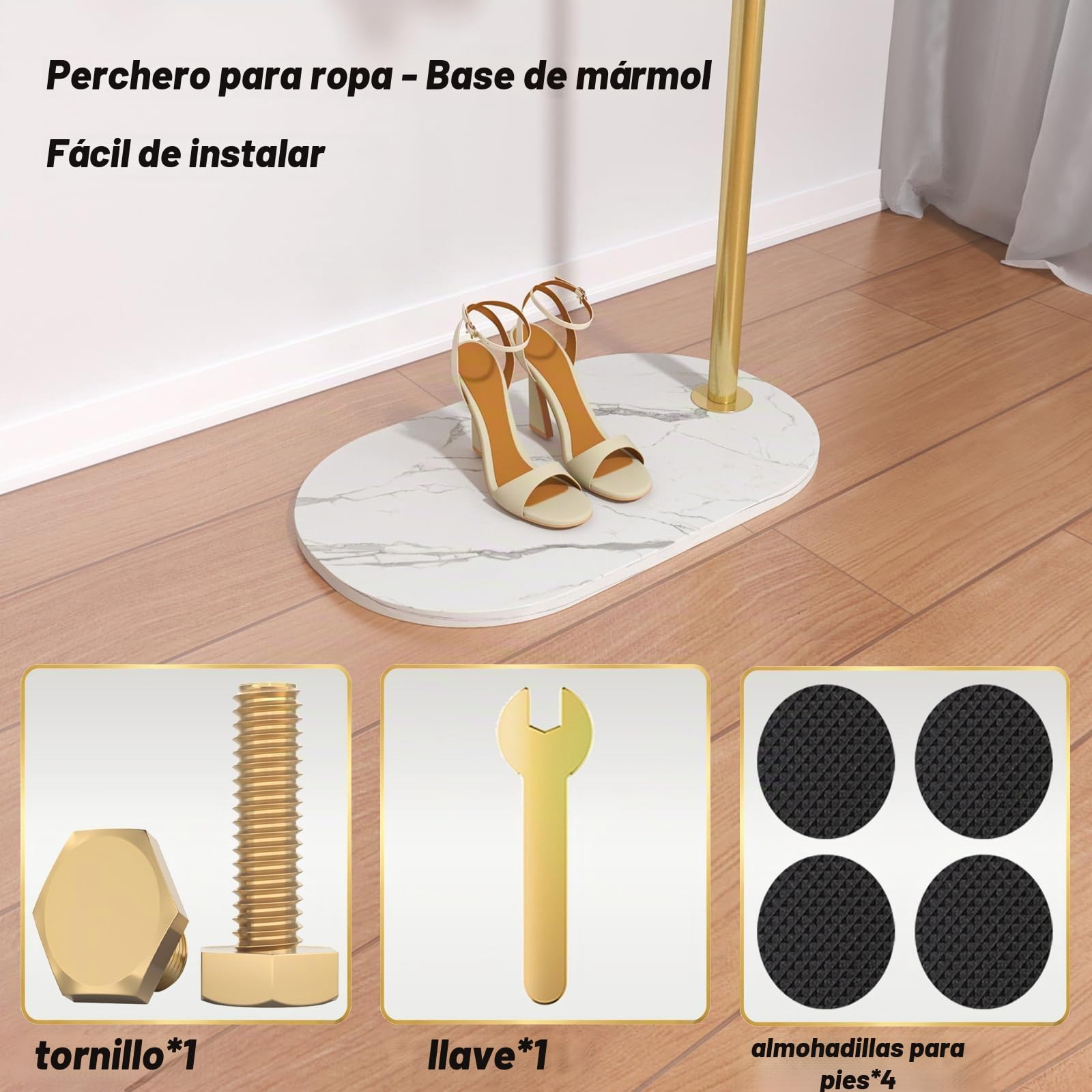 Perchero de Pie, Curvo Barra Burro Ropa Percha de Pie con 15 Redondos Ganchos y 3 S Forma Ganchos, Base de Mármol, Percheros de Pasillo para Recibidor y Dormitorio (Dorado, 50x30x162 cm)