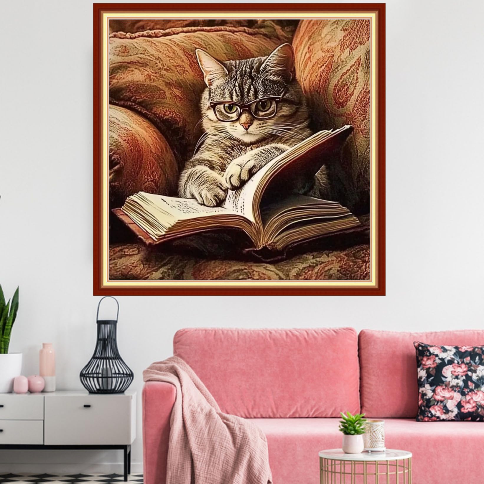 Redxing Stamped Cross Stitch Kits Embroidery kit for Beginners Adults Full Range of Embroidery Patterns Starter Kits DIY Printed Cross Stitch Kits Needlepoint Kits 11CT-Cat Reading 18x18 inchs