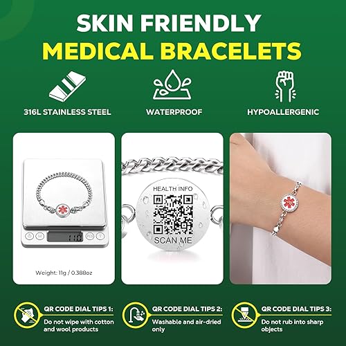 Miniatura 2 de Pulseras médicas mejoradas para hombres y mujeres con código QR, pulseras de identificación de alerta médica, pulsera de acero de titanio que se