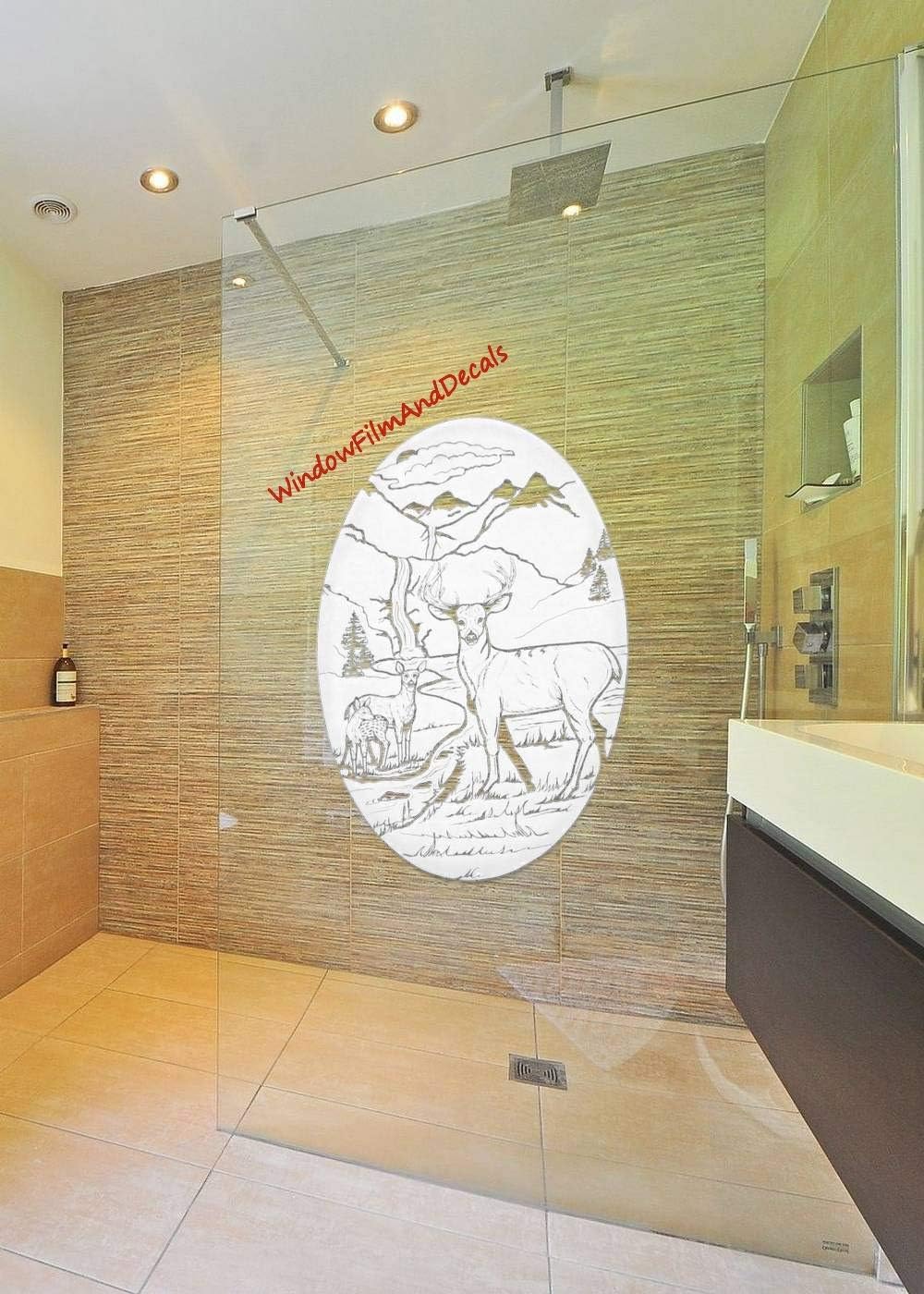 Deer Scene Oval Etched Window Decal Vinyl Glass Cling - 21" x 33" - White with Clear Design Elements