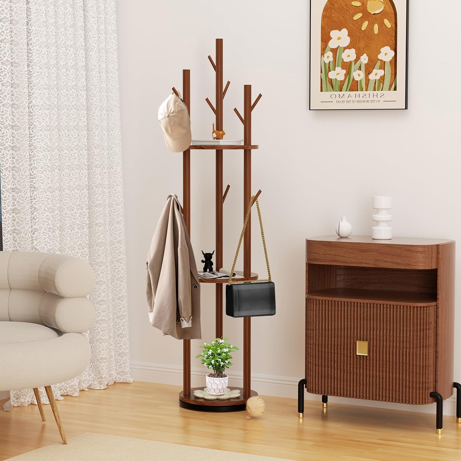 Skade Solid Wood Rotating Clothes Rack, Freestanding Coat Rack with 3-Tier Shelves and 9 Hooks for Bedroom, Entryway and Living Room, Suitable for Storing Clothing Bags and Hats