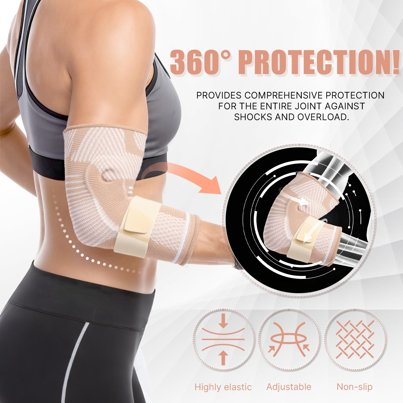 Cezlstesy Tutore Epicondilite Gomito, Gomitiera per Epicondilite con 2 Cuscinetti di Compressione, Tabendaggio per Gomito Antiscivolo, Gomitiere Palestra per Donna Uomo per Tennis, Golf (Beige, L