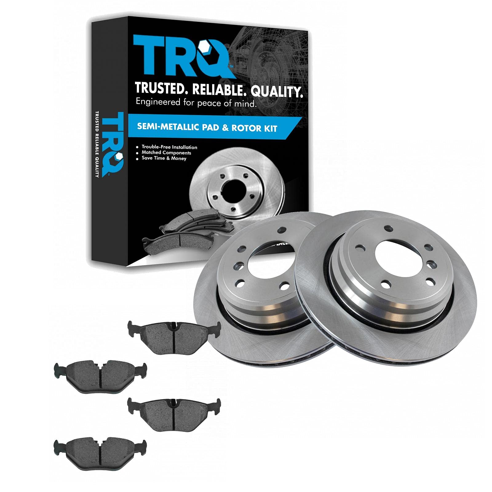TRQ Rear Disc Brake Rotor & Metallic Brake Pad Kit Set Compatible with 2001-2003 BMW 525i / 1997-2000 528i / 2001-2003 530i / 1997-2003 540i