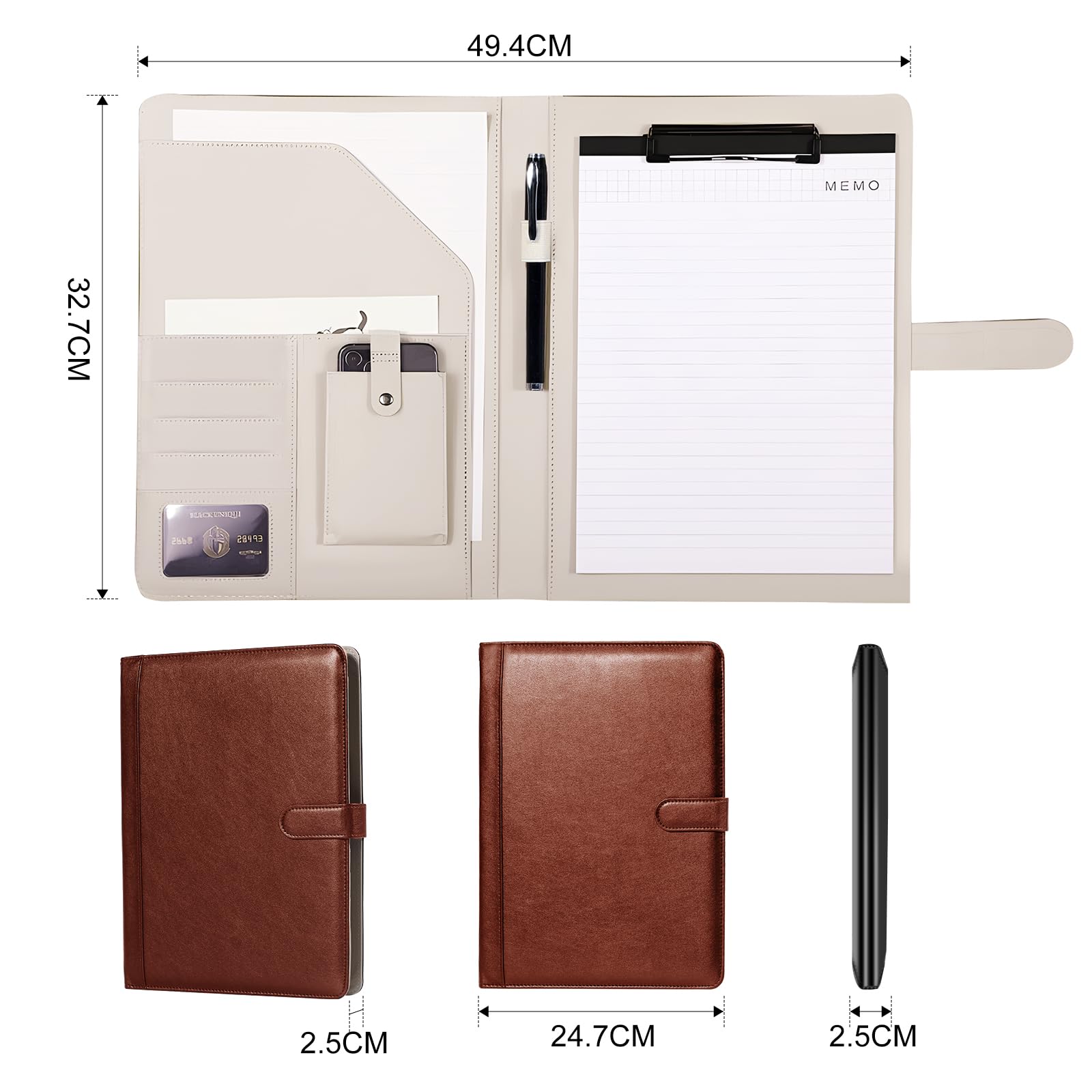 Porte-Documents Cuir A4 Avec Fermeture Éclair - Bloc-Notes, Calculatrice Et Poches - Noir