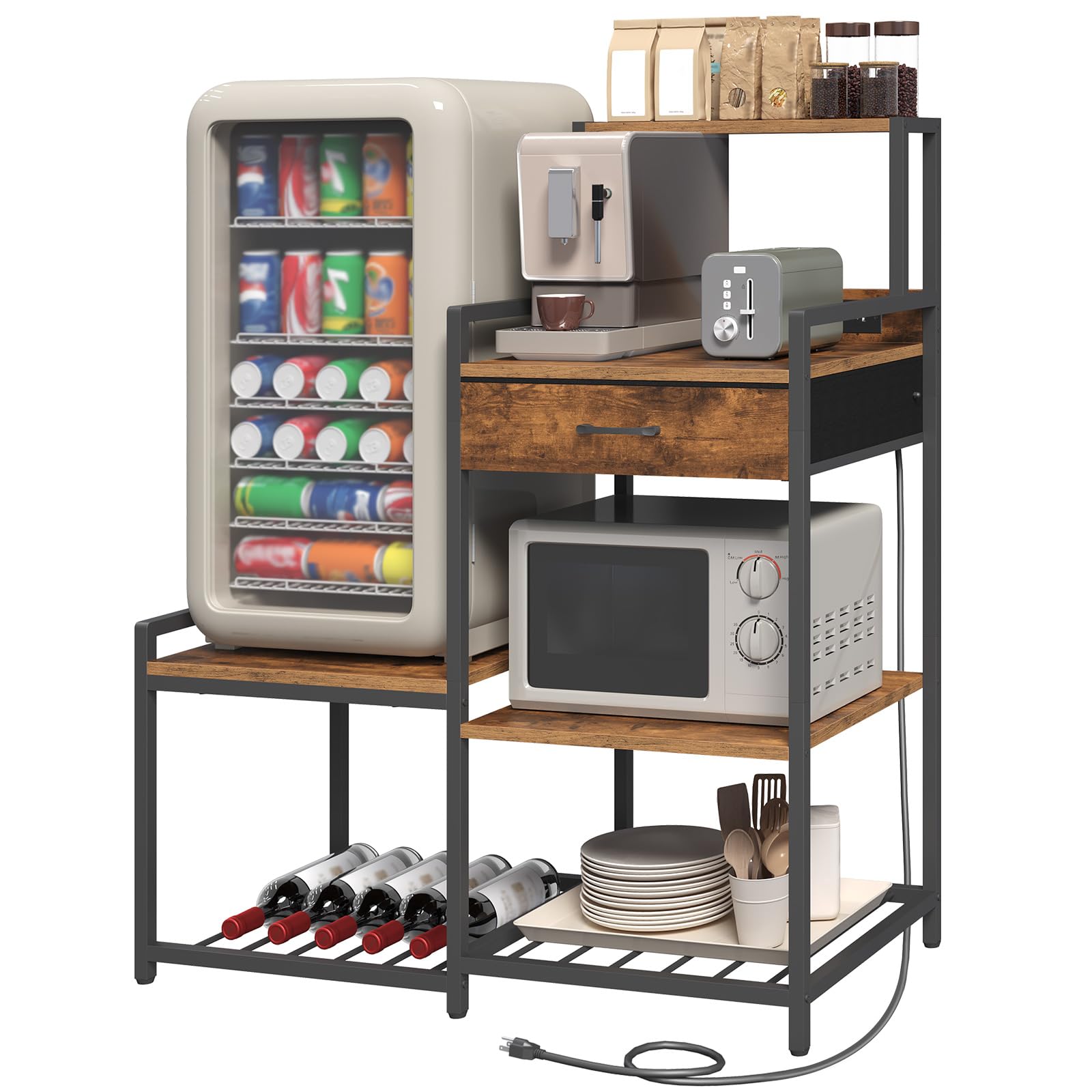 Mini Fridge Stand with Power Outlet, Bakers Rack with Storage Shelves, Cofffee Bar Station with Wine Rack, Microwave Stand, Mini Fridge Cabinet for Kitchen, Rustic Brown and Black RSHR58E01