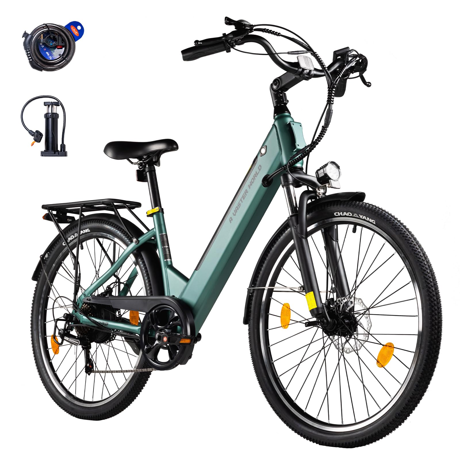 VDL Vélo électrique 26" vert pour homme et femme, batterie 48 V 10,4 Ah, 7 vitesses, freins à disque, lumière LED, fourche suspendue, vélo électrique de ville 25 km/h pour les déplacements