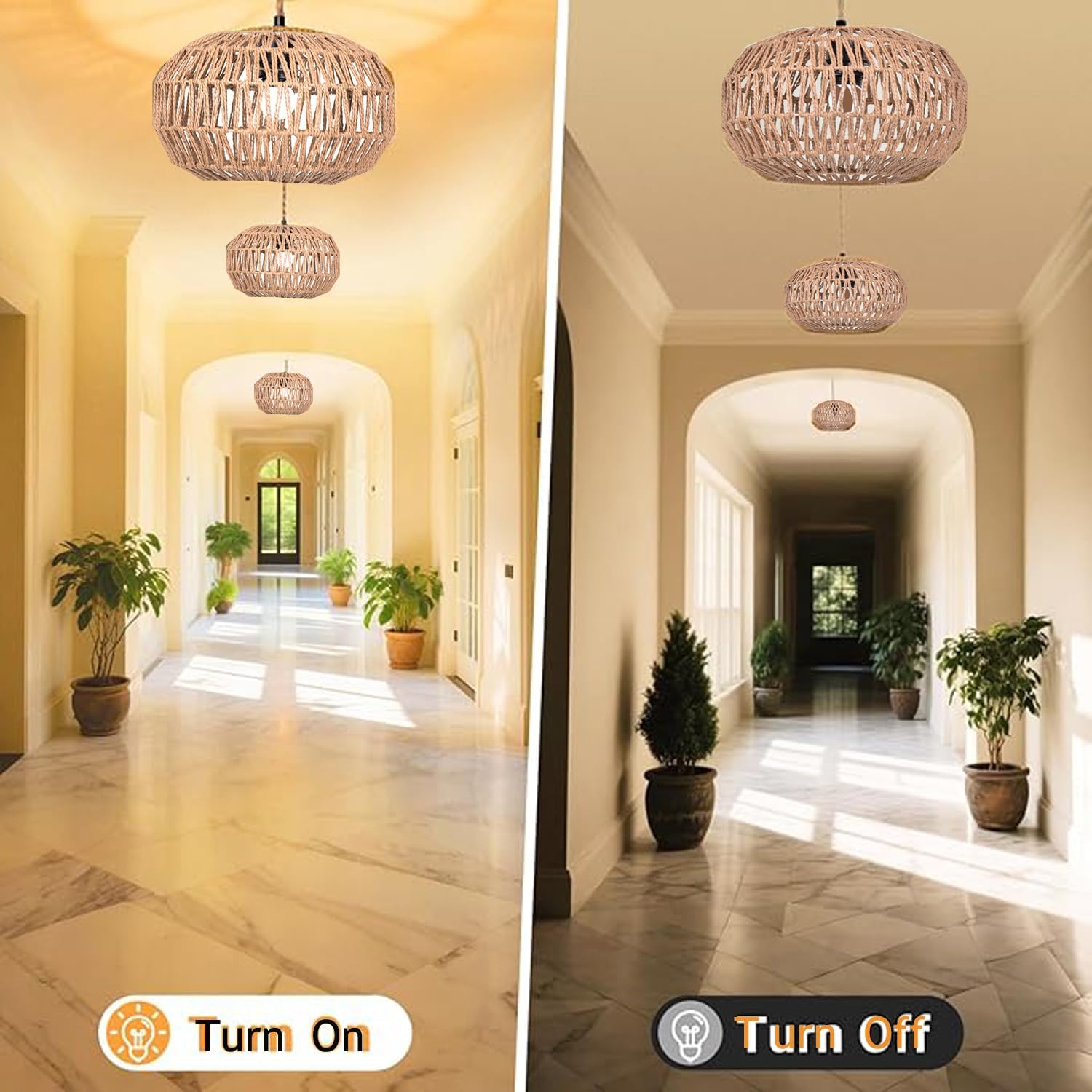 Hanging Light .Boho Ceiling Lamp Pendant Lights with on/Off Switch Rattan Hanging Lamp with Plug in Cord for Living Room. Bedroom .Kitchen.Indoor Hanging Lamp Plug in Woven Lampshade (Brown-PX)