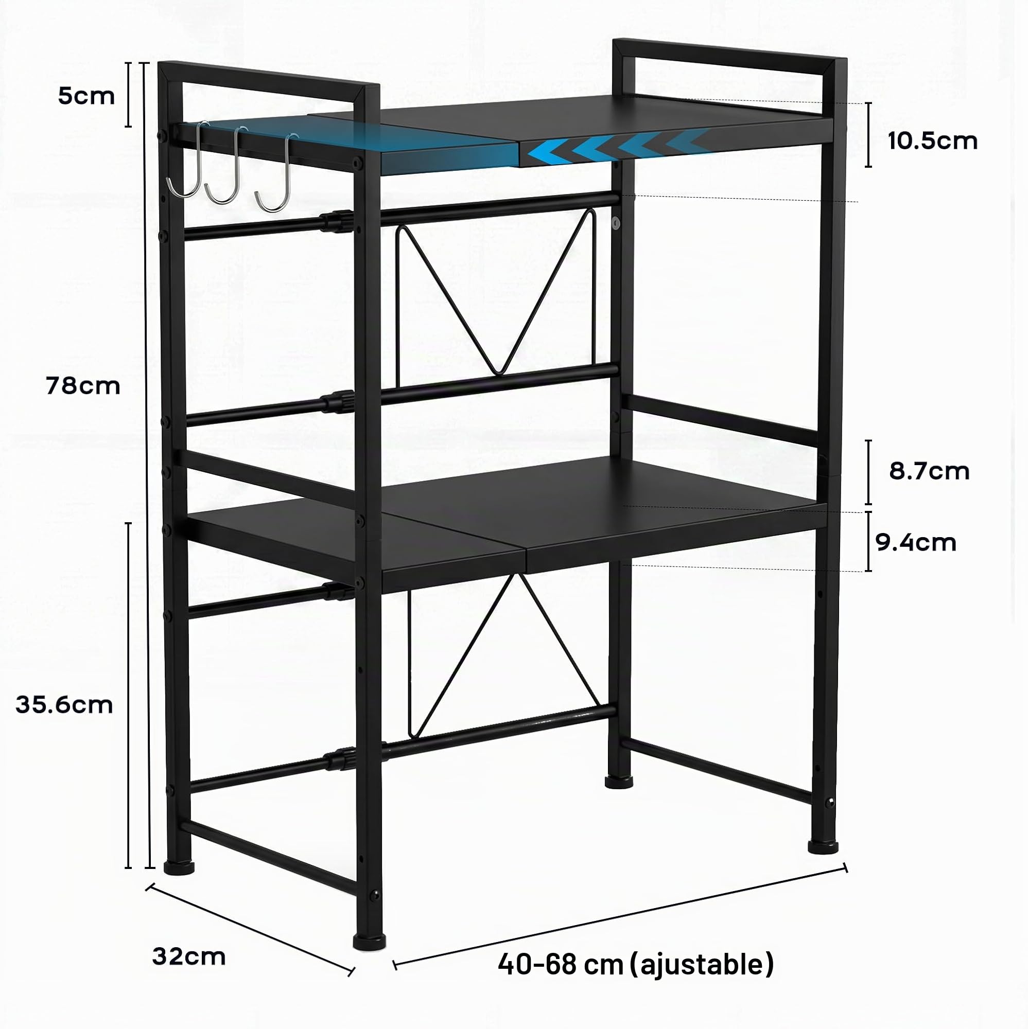 Estante soporte para microondas metálico extensible de 3 niveles | organizador de encimera de cocina con 3 ganchos colgantes, estante ajustable para almacenaje de utensilios de cocina