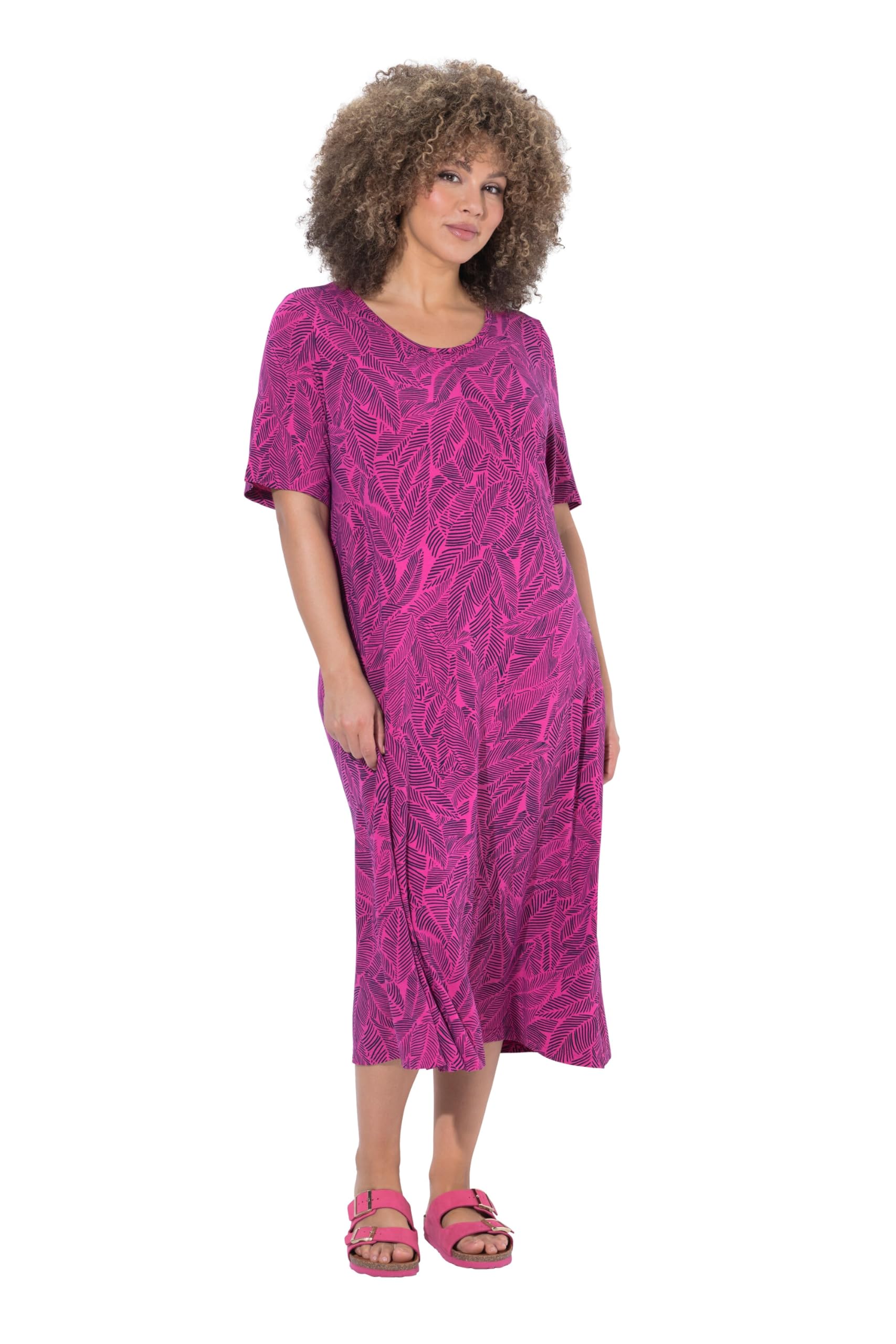 Ulla Popken Damen große Größen Übergrößen Plus Size Jerseykleid, Blätter, A-Linie, Rundhals, Halbarm 850344