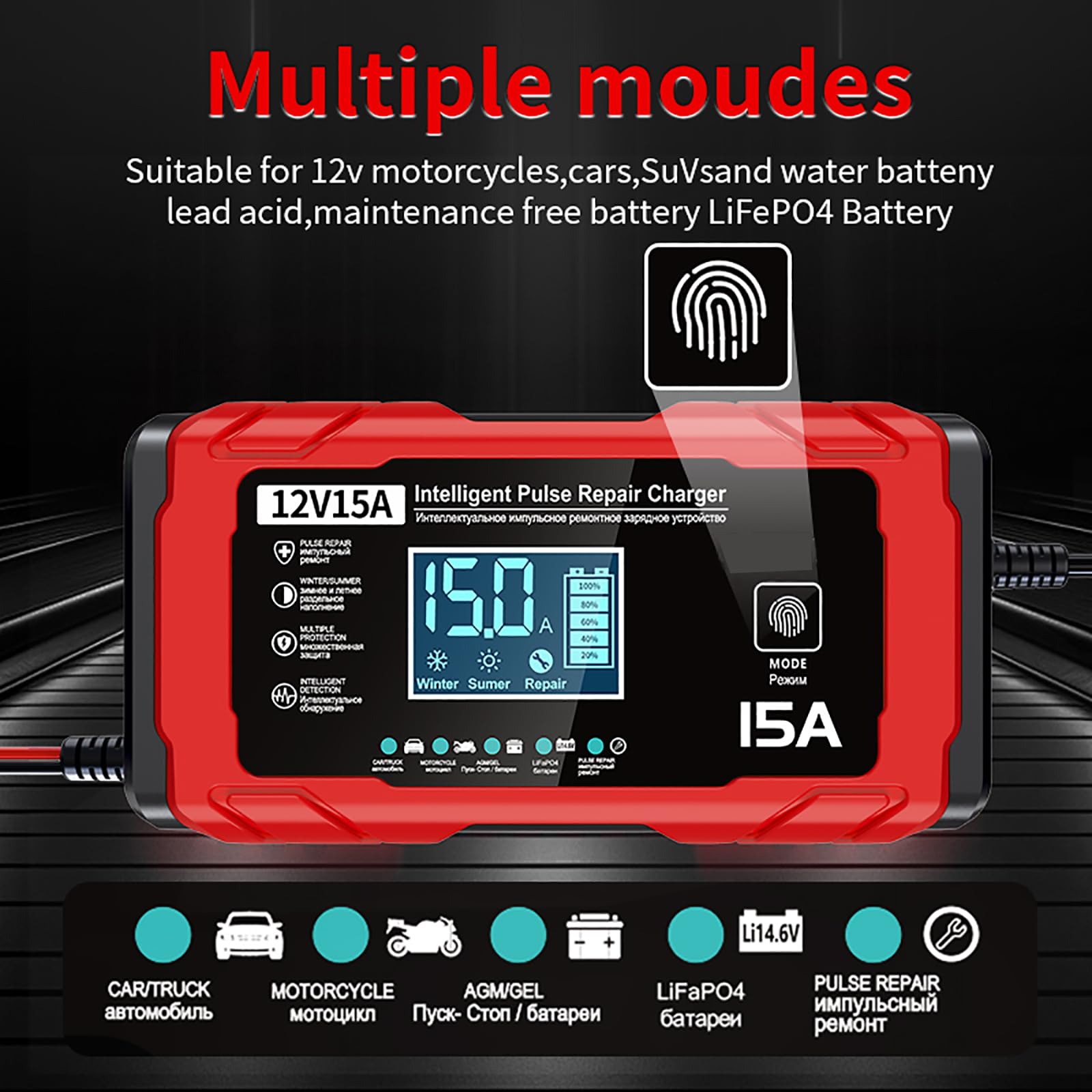 15A Chargeur de Batterie Voiture - 12V 15A Chargeur Batterie Moto Intelligent Entièrement Automatique avec Compensation de Température pour Les Batteries Plomb-Acide et LifePO4, Bateaux,Moto