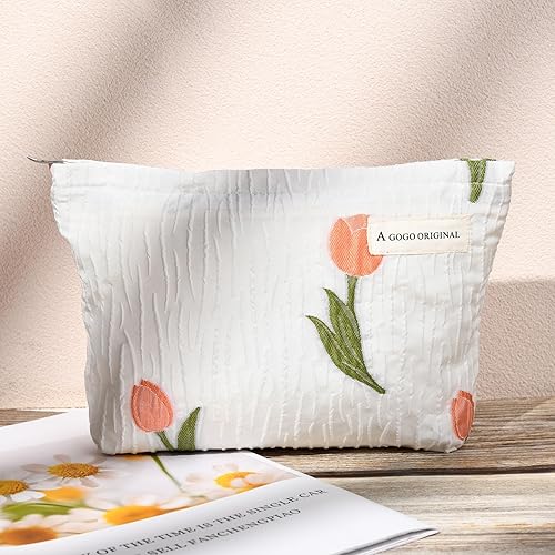 Miniatura 7 de Bolsa de maquillaje grande de 2 piezas, bolsa de cosméticos floral, color rosa y blanco, de lona, bolsa de aseo de viaje, organizador de brochas de