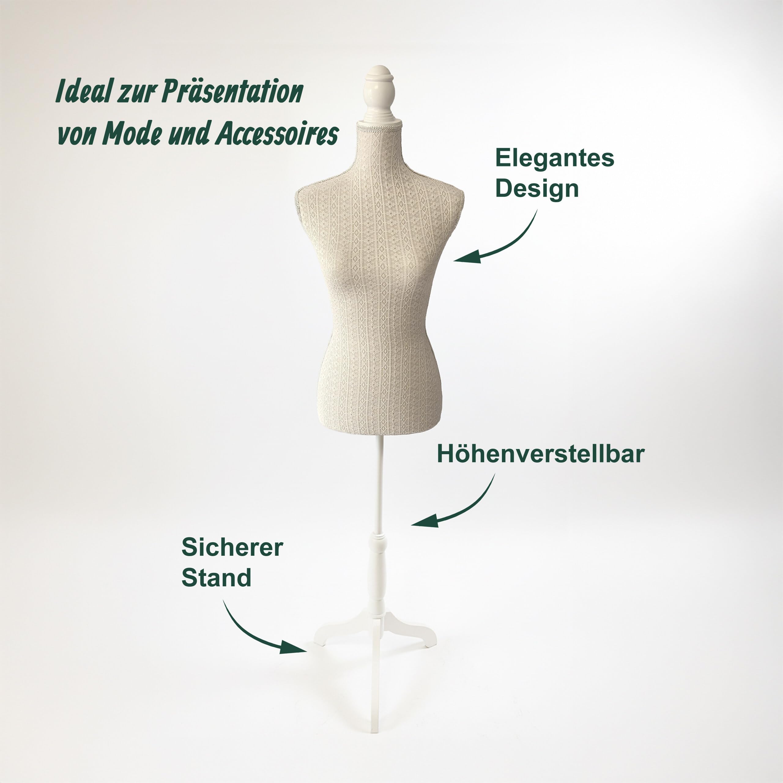 Relaxdays Schneiderpuppe, weiblich, Größe 36/38, verstellbar 130–167 cm, Spitze, Holzständer, Kleiderpuppe, beige/weiß