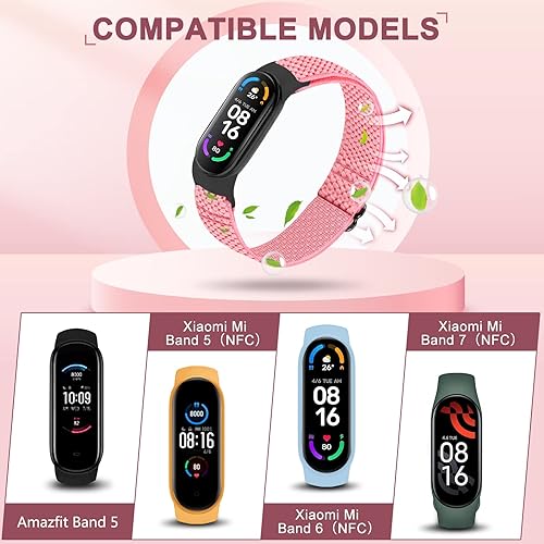 Miniatura 2 de Paquete de 5 correas de nailon Solo Loop compatibles con Xiaomi Mi Band 7 6 5 4 3Amazfit Band 5 correas, ajustable, transpirable, cómoda, elástica,