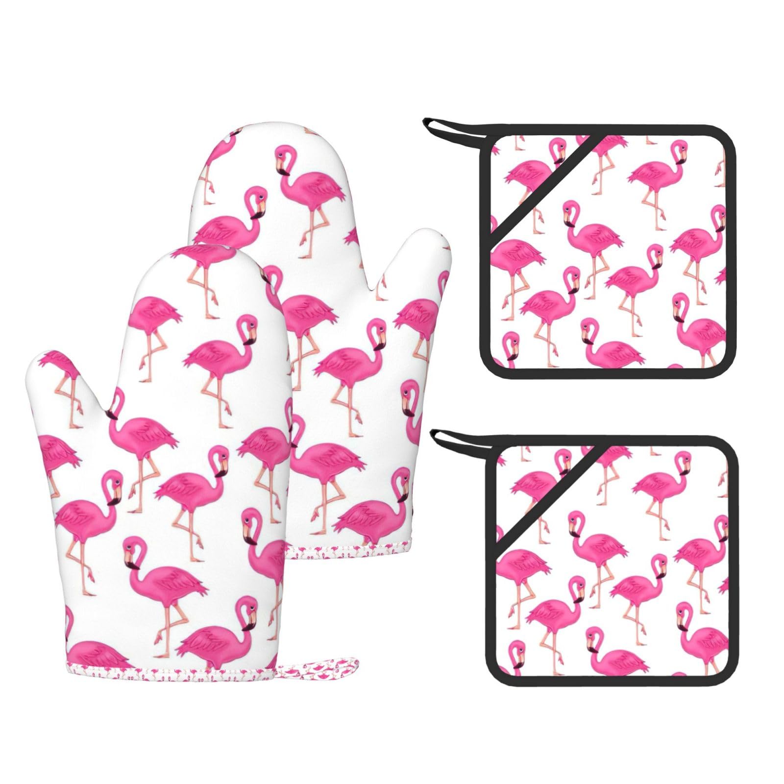 pink flamingo 1 Printed Cooking Mitts and Pot Holders 4 Pcs, Heat Resistant Oven Gloves with Hanging Loop Chef