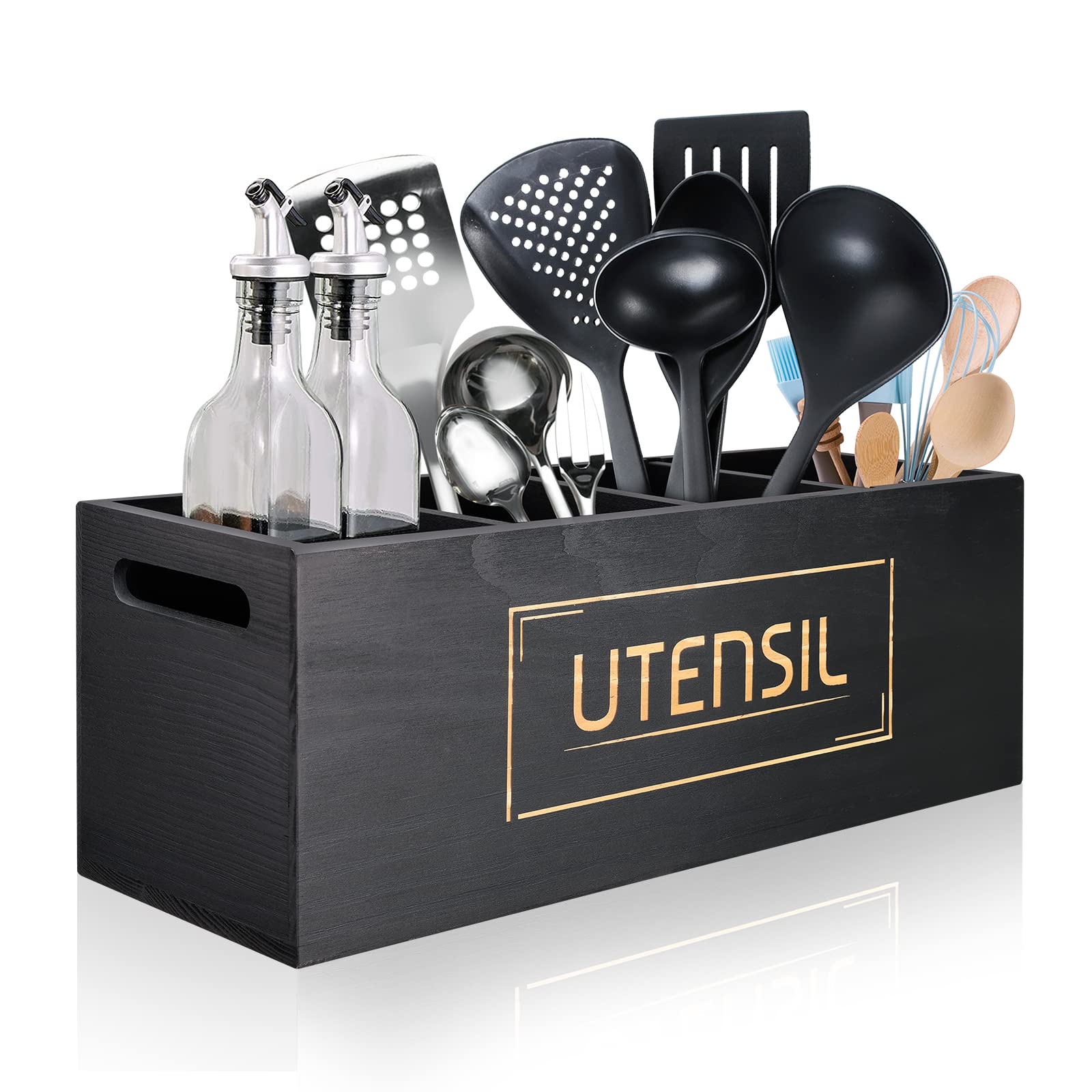 Utensil Holder Extra Large Utensil Organizer with 4 Compartments, Wooden Rustic Utensil Crocks for Kitchen Counter, Farmhouse Cooking Utensil Caddy Countertop Spatula Silverware Spoon Holder - Black